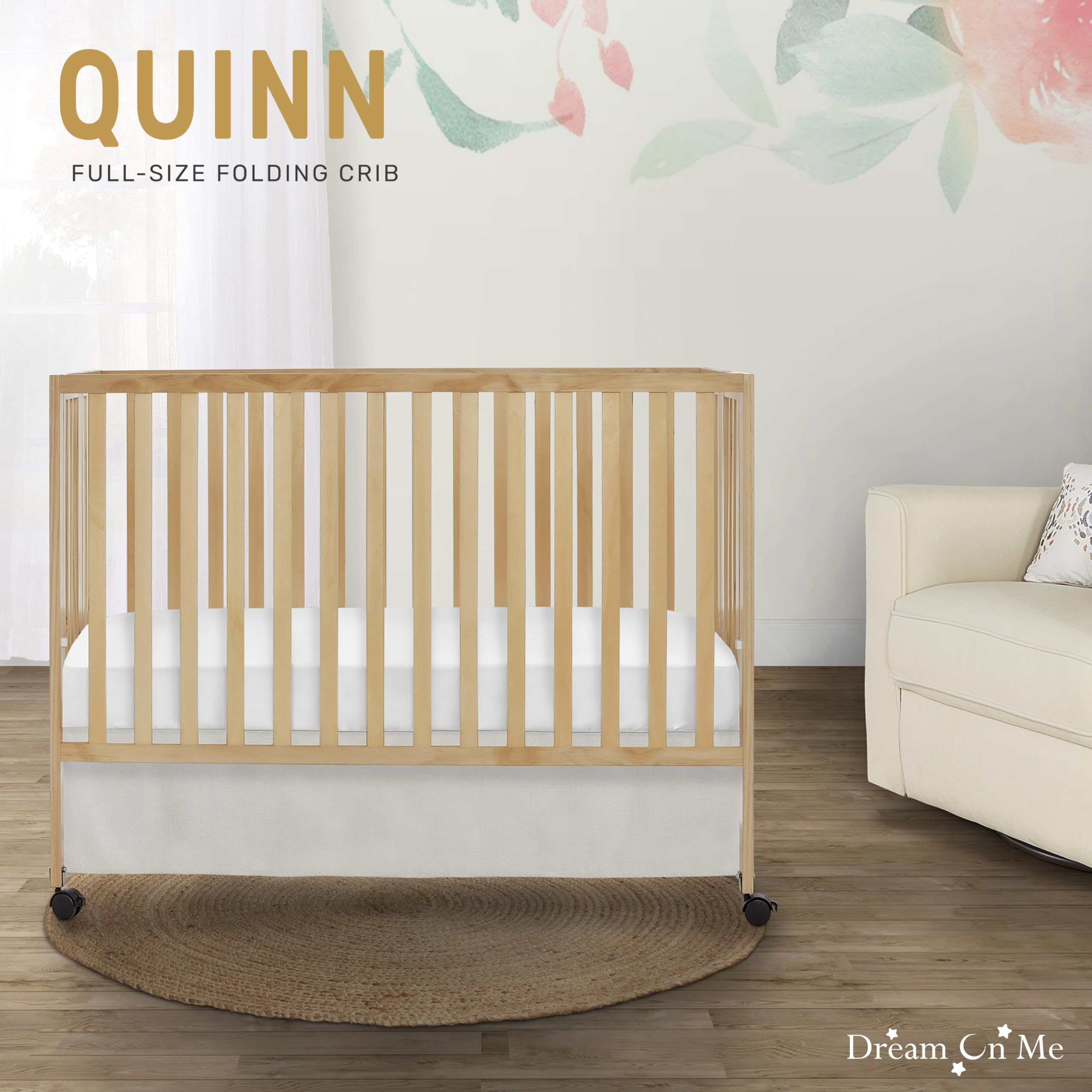 Dream On Me Quinn Full-Size Folding Crib - Natural Wood Portable Baby Crib with Removable Wheels, Adjustable Mattress Support & Patented Folding System | Modern Nursery Furniture for Home, Travel & Daycare Use