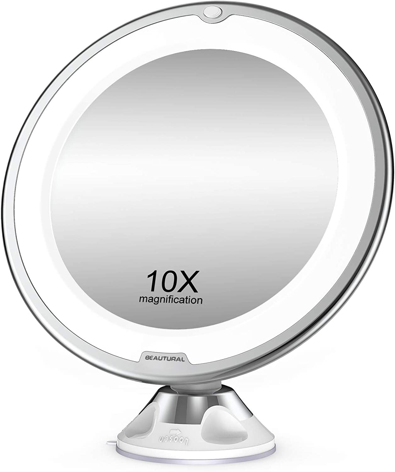BEAUTURAL 10X LED Makeup Mirror with Suction Cup - 360° Rotation for Bathroom & Travel