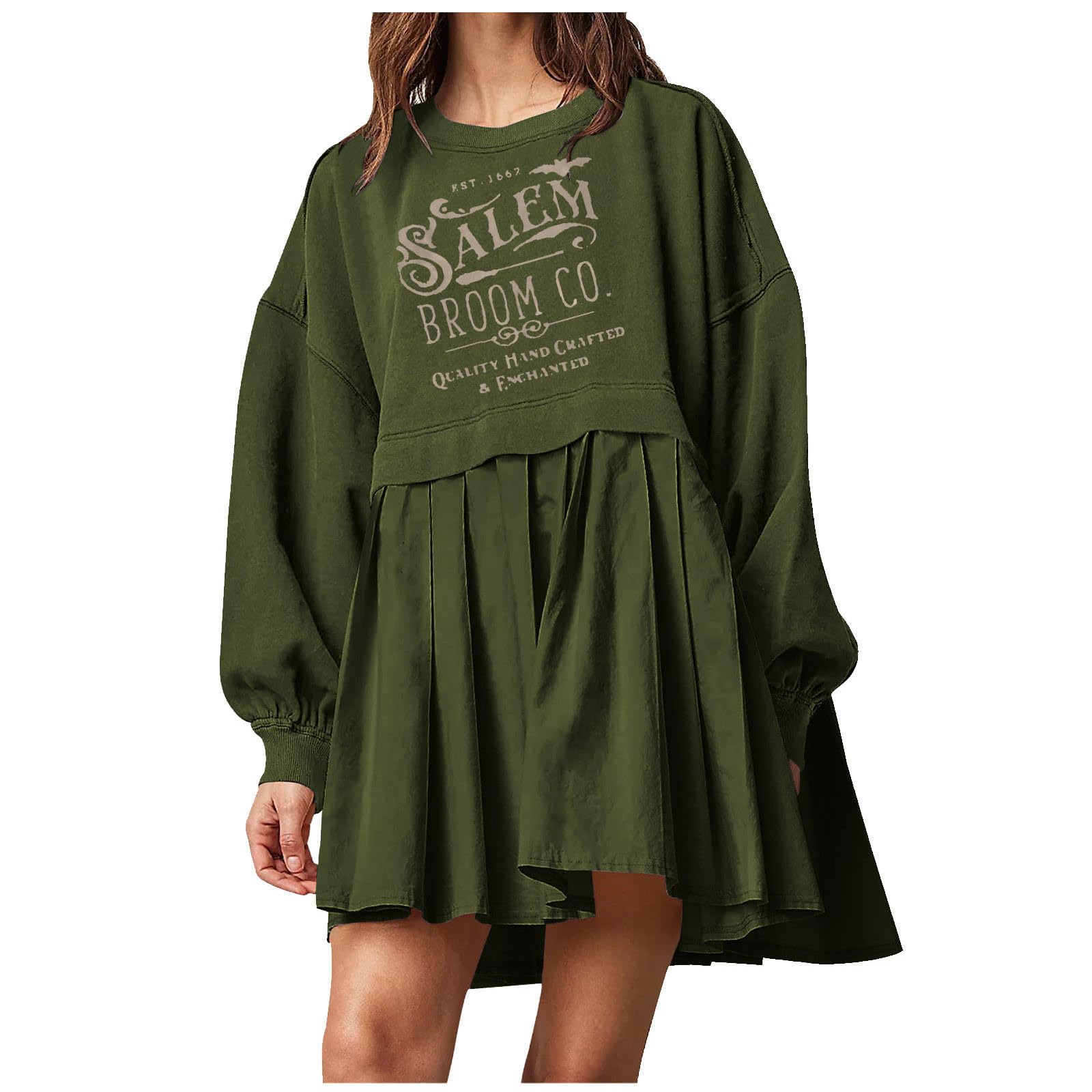 lcziwo Women's Fall Sweatshirt Dress - Casual Long Sleeve Letter Print Patchwork Pleated Mini Dress for Daily Wear, Perfect for Autumn Outings and Weekend Relaxation