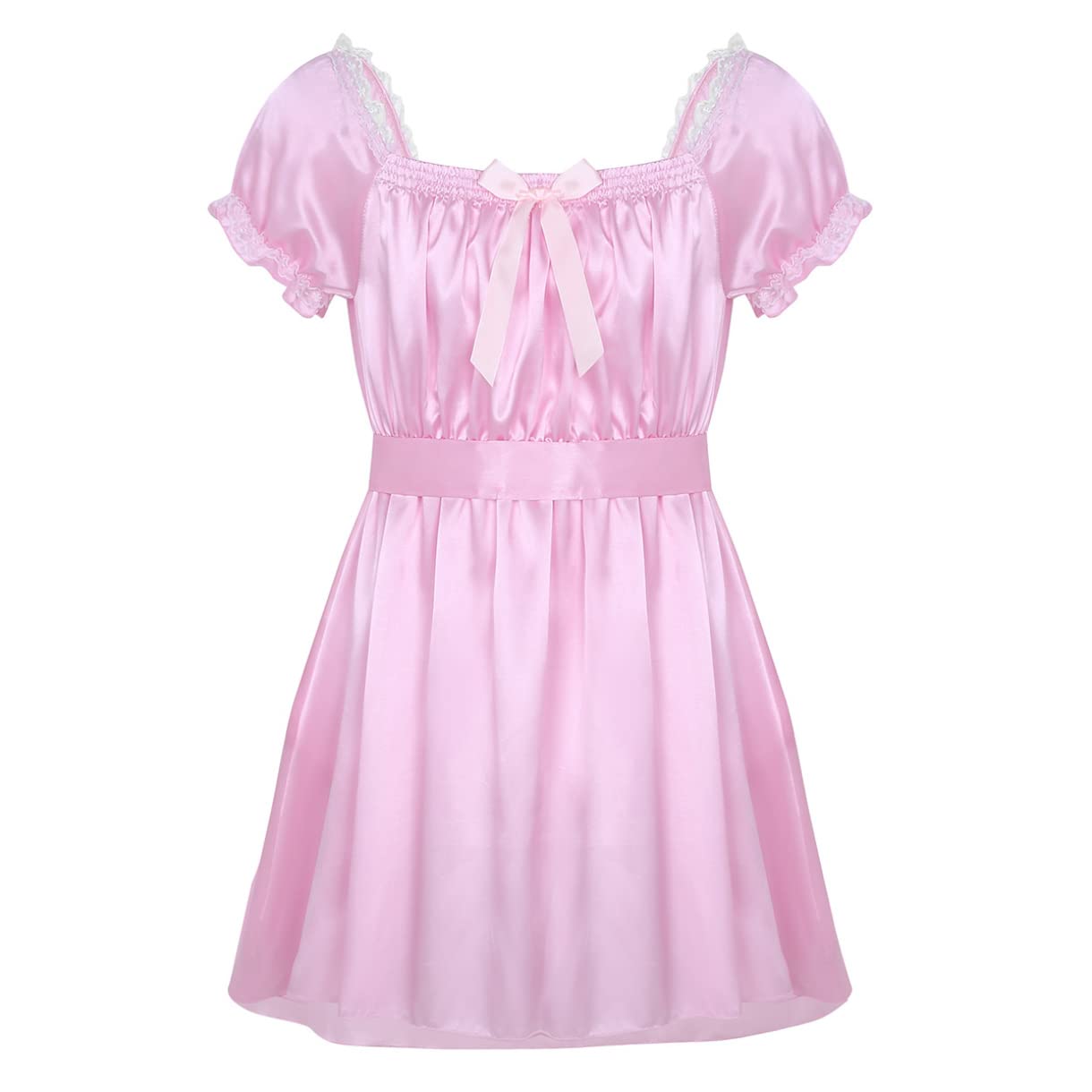 EasyForever Men's One Piece Silky Satin Lace Trim Ruffled Dress - Crossdressing Costume for Cosplay, Halloween & Special Occasions