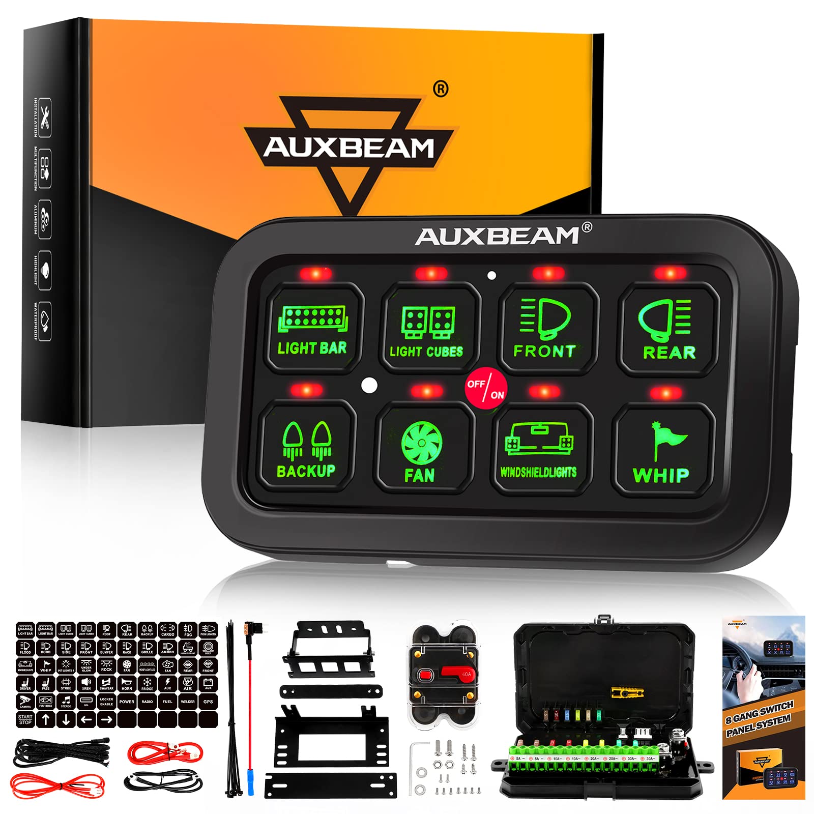 Auxbeam 8 Gang Switch Panel GA80 - Universal Automotive Circuit Control Relay System with Dimmable LED Touch Switch for Cars, Trucks, Boats & UTVs | Waterproof Design for Off-Road & Marine Use | 2-Year Warranty