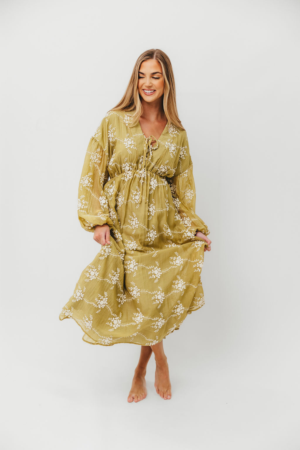 Rossi Women's Long Sleeve Midi Dress with Embroidery - Floral Boho Maxi Dress in Moss Green for Fall/Winter, Perfect for Weddings, Parties & Casual Outings