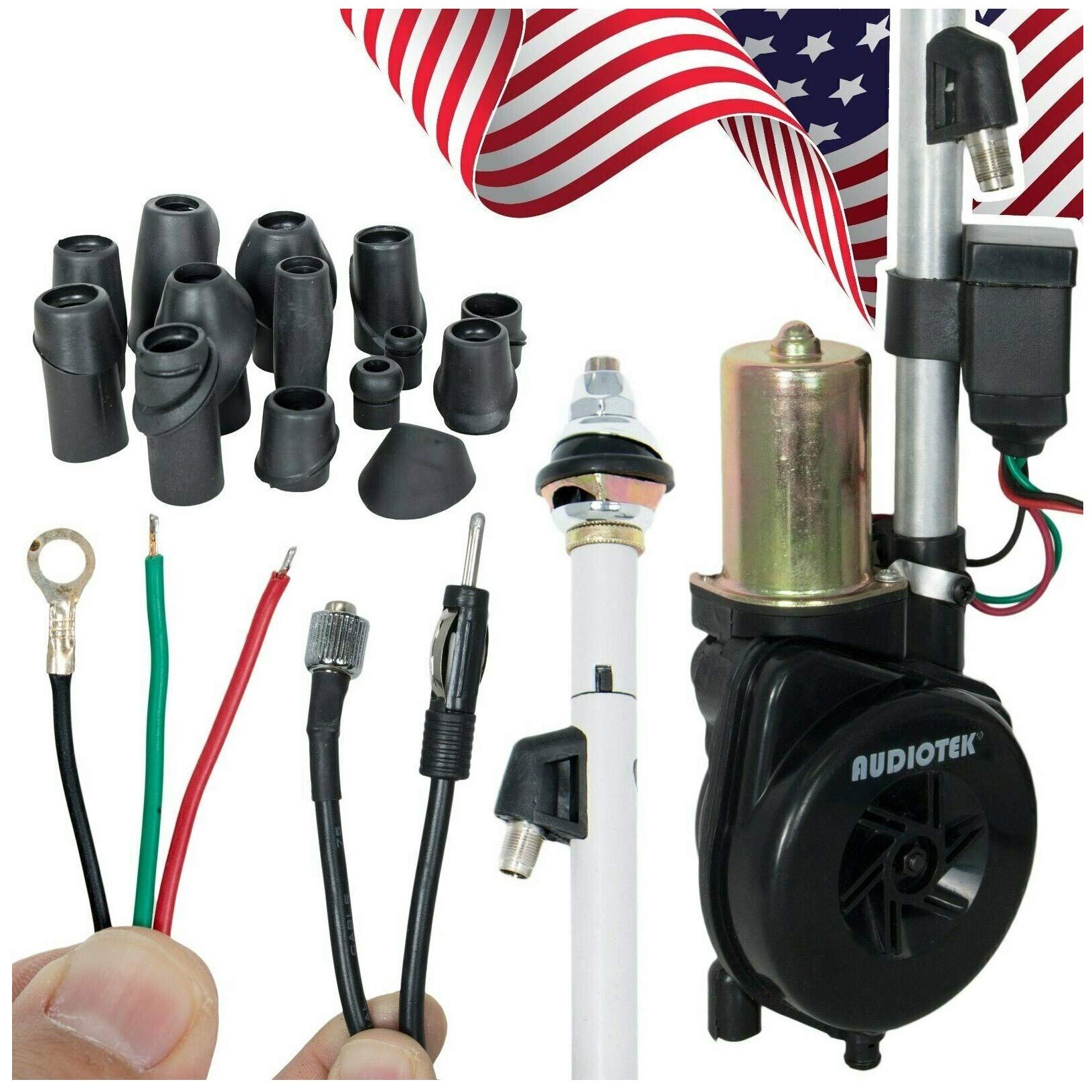 Audiotek Waterproof Universal 12V Electric Power Automatic Antenna for Car & SUV - AM/FM Radio Mast Aerial with Stainless Steel Construction & Imported Micro Relays (3C-2V Coaxial Cable Included) | Perfect for Off-Road Vehicles, Trucks, and Marine Applications