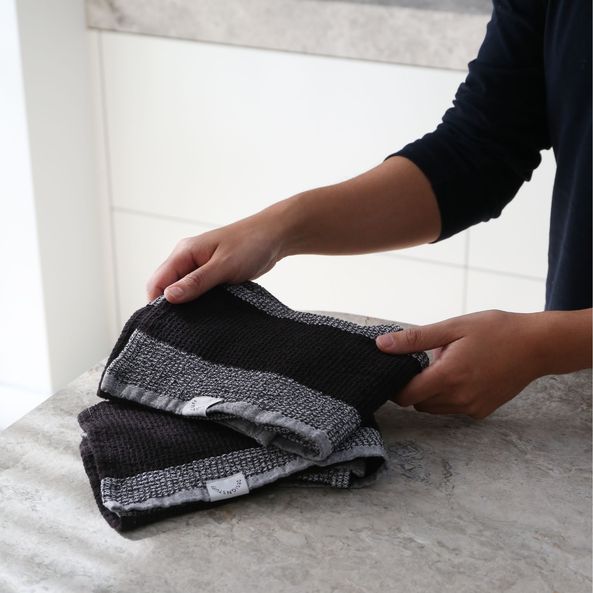 Premium Waffle Weave Tea Towels Set of 2 - Absorbent Black & White Kitchen Towels for Dishes, Drying Hands & Decor | Dish Towels, Hand Towels, Kitchen Decor