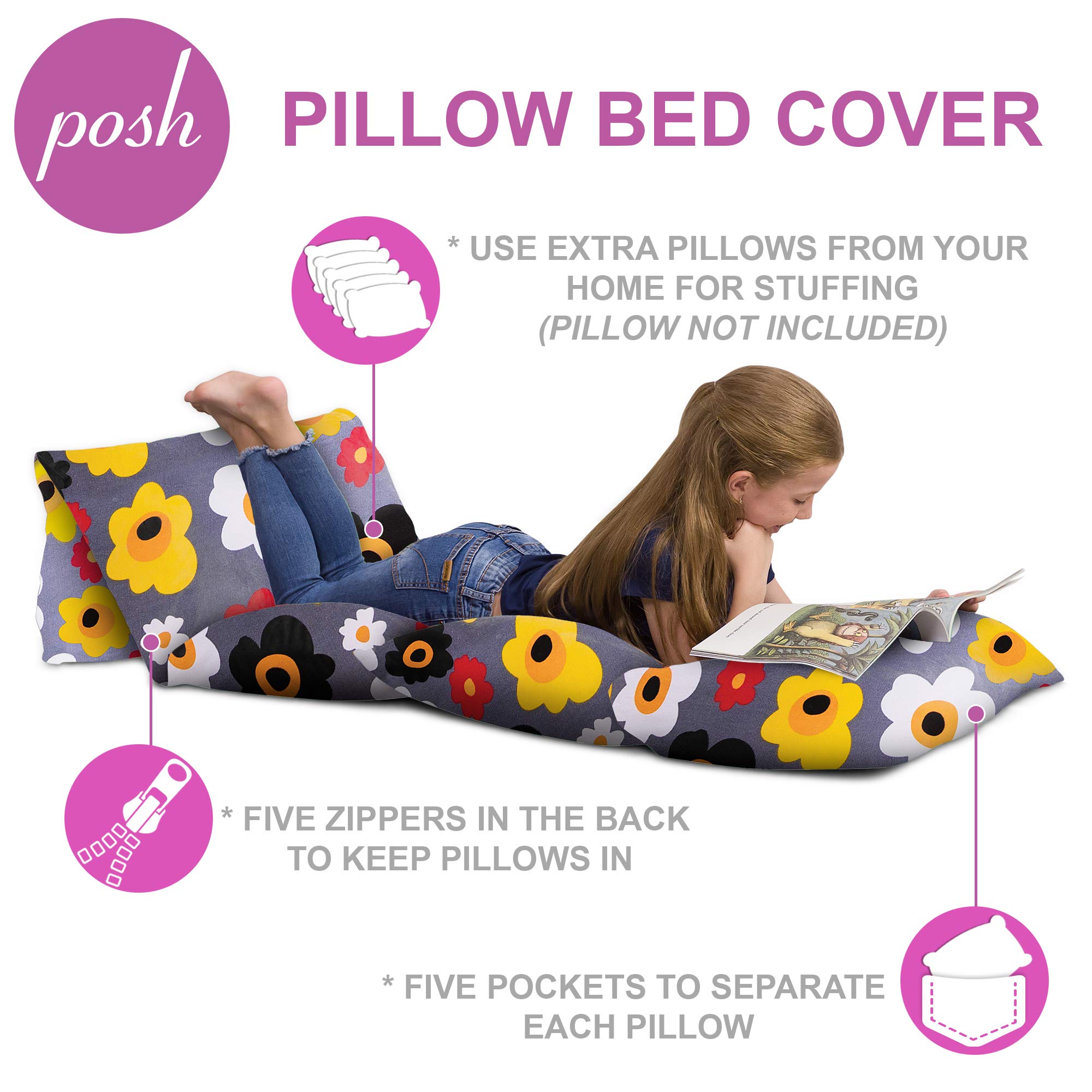 Kids Floor Pillow Cover - Premium Canvas Cushion Cover with Floral Design for Teens - Home Decor & Lounge Comfort