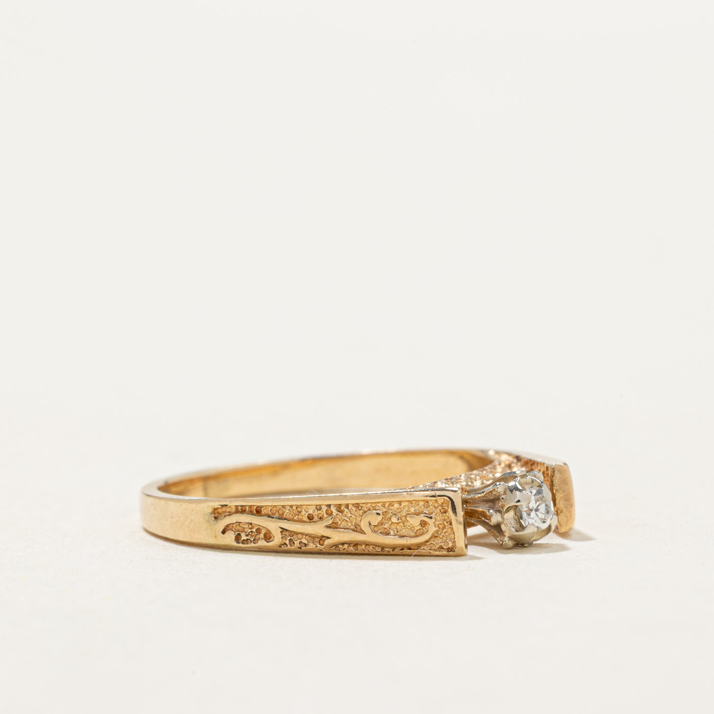 14K Gold High Set Diamond Textured Ring - 0.025ct Natural Diamond, Size 5.25 - Elegant Wedding Band, Anniversary Gift for Her, Perfect for Engagement & Special Occasions