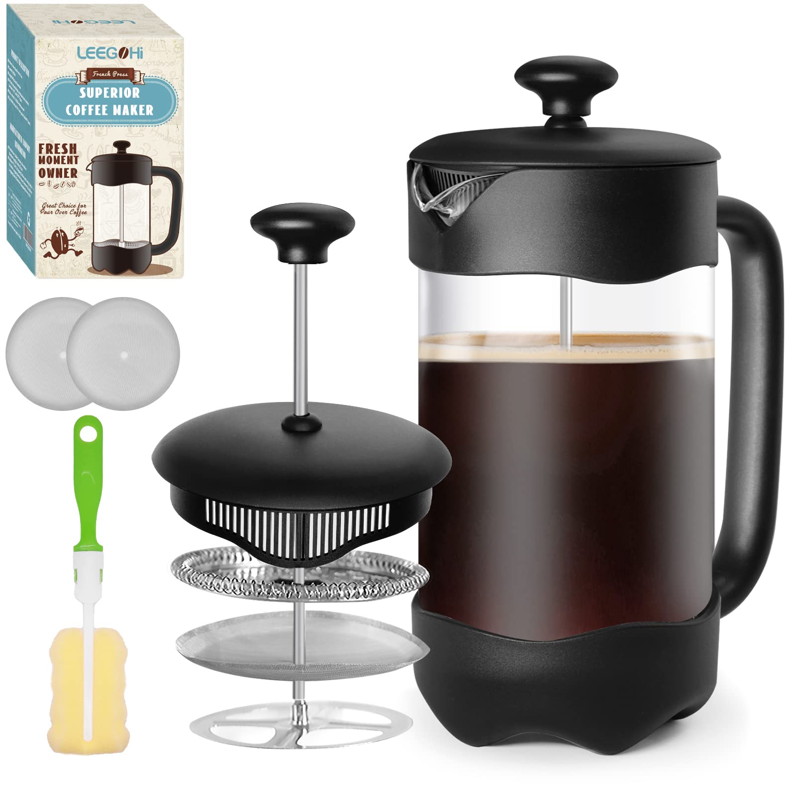 LEEGOHI 1000ml French Press Coffee Maker, 4-Stage Filtration System, 304 Stainless Steel, Perfect for Brewing Coffee & Loose Leaf Tea – Ideal for Home, Office, and Camping Use