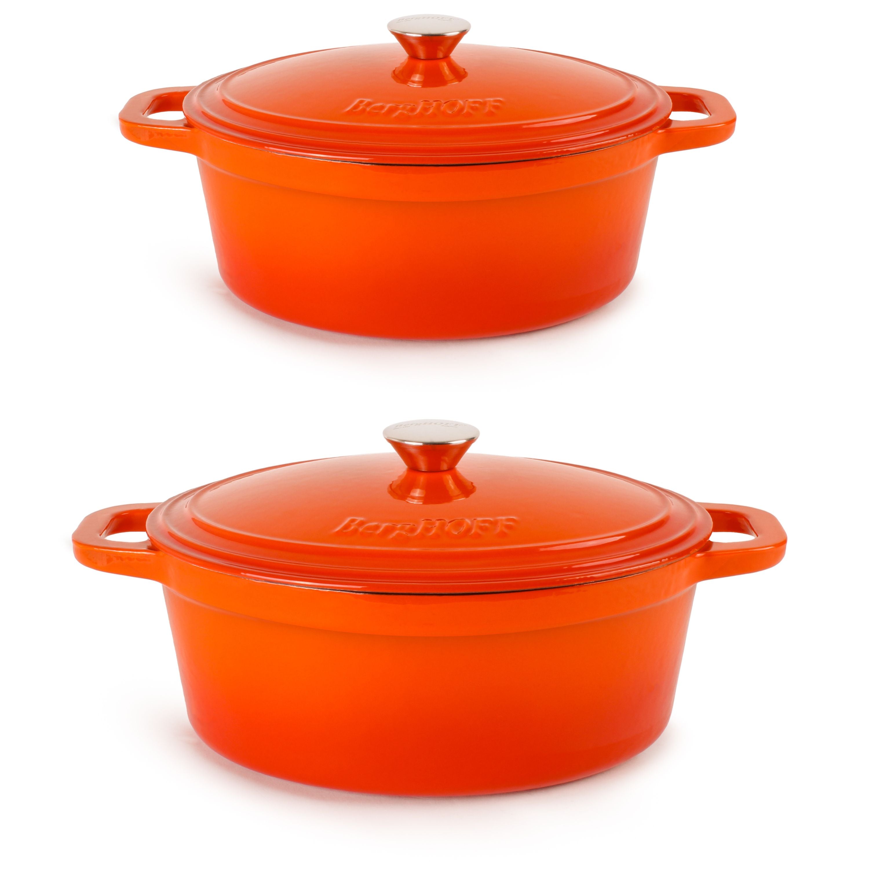 BergHOFF Neo 4-Piece Cast Iron Cookware Set - 5qt & 8qt Dutch Ovens with Matching Lids, Orange Enamel Coating - Perfect for Braising, Stewing & Baking - Ideal for Home Chefs & Outdoor Cooking
