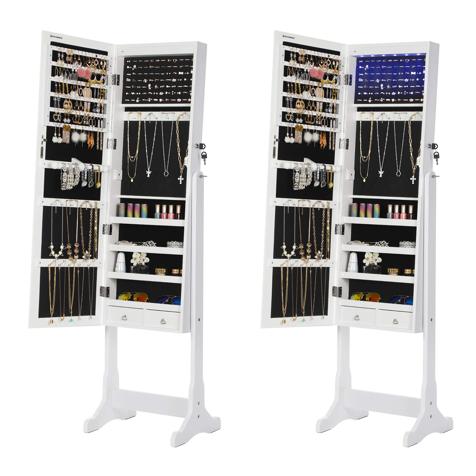 SONGMICS White Jewelry Cabinet with 6 LED Lights - Lockable Mirrored Jewelry Armoire Organizer with 2 Drawers | Perfect for Bedroom, Closet & Dressing Room Organization
