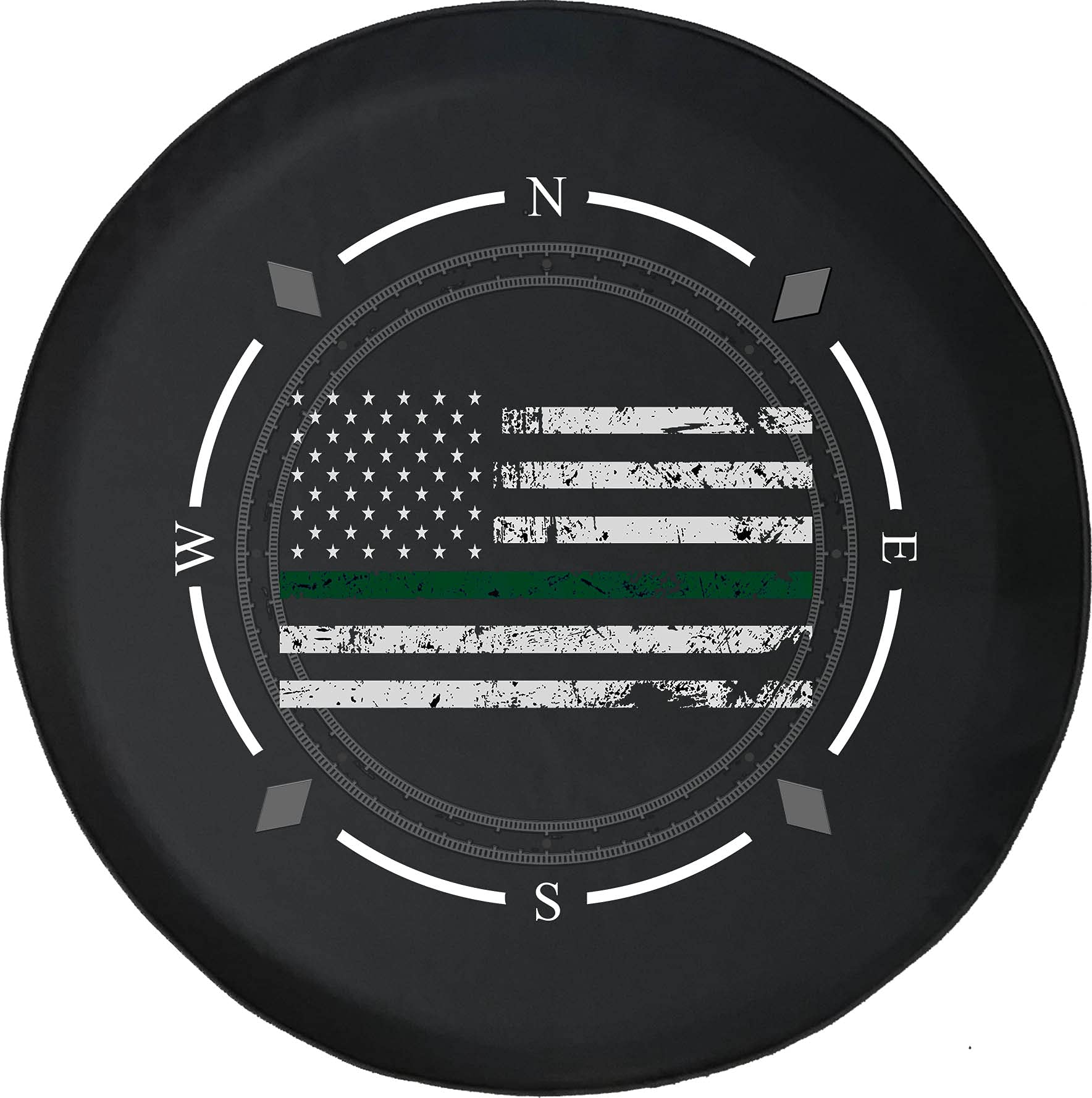 Spare Tire Cover with Compass & Thin Green Line Distressed American Flag - Military Wheel Cover for SUV, Trailer, RV & Most Vehicles | Durable Off-Road Accessory for Adventure & Patriotic Display