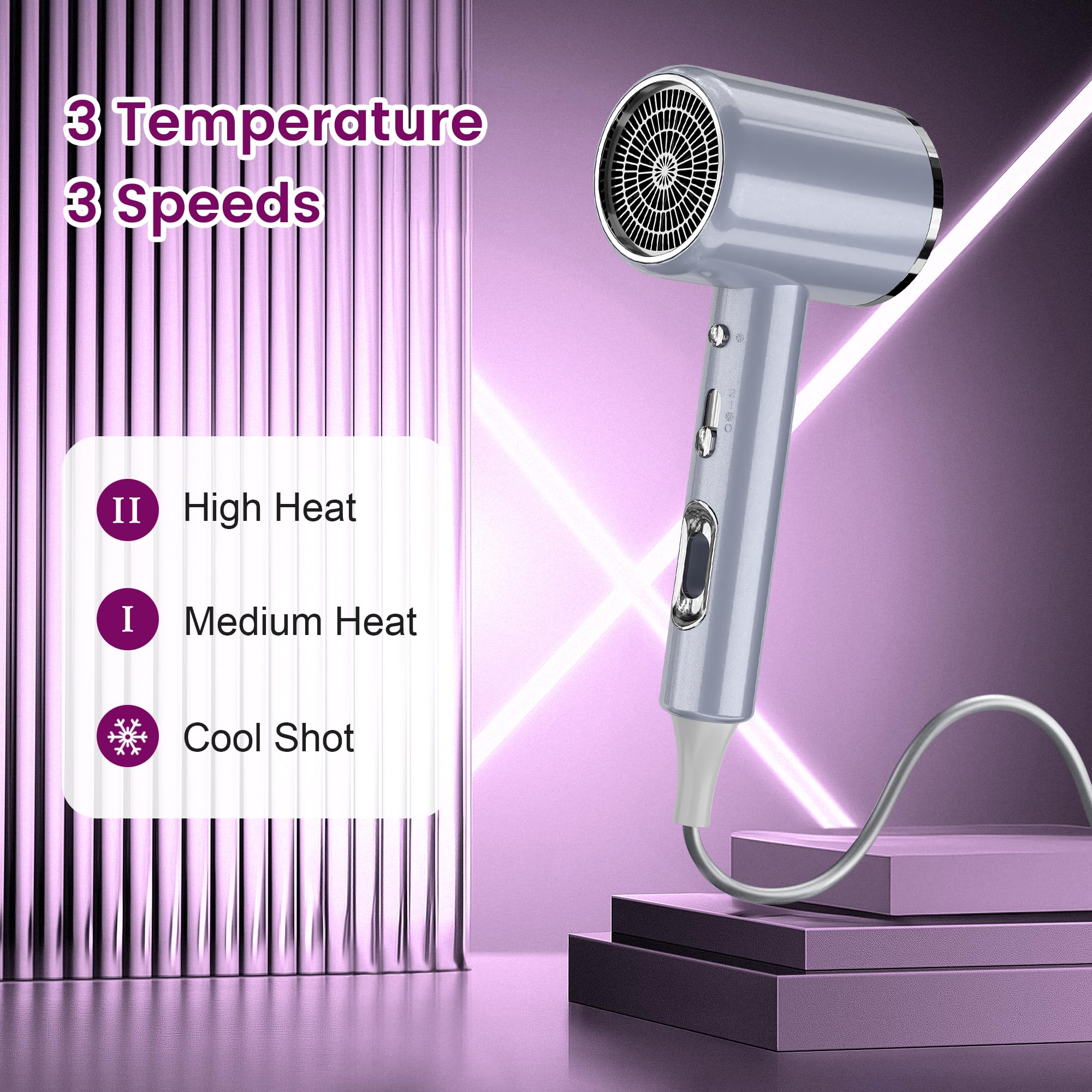 Professional Ionic Hair Dryer for Women & Men - Fast Drying, Lightweight Travel Blow Dryer with Styling Nozzle to Reduce Frizz (Grey) - Perfect for Home, Salon & On-The-Go Styling