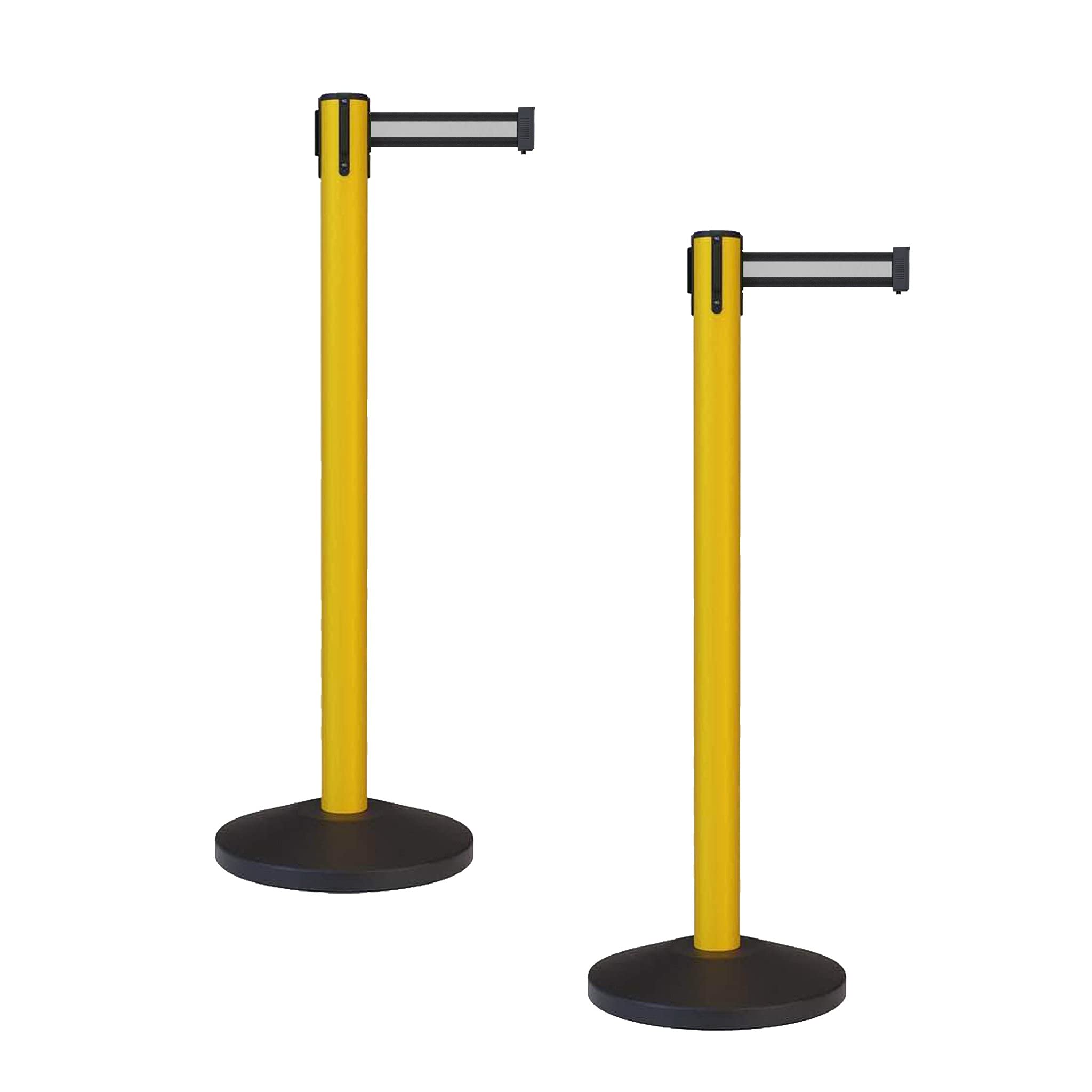CCW Set of 2 Retractable Safety Belt Barriers - 11ft Yellow Stanchions with Black & White Striped Belts for Crowd Control | Ideal for Warehouses, Events & Queue Management
