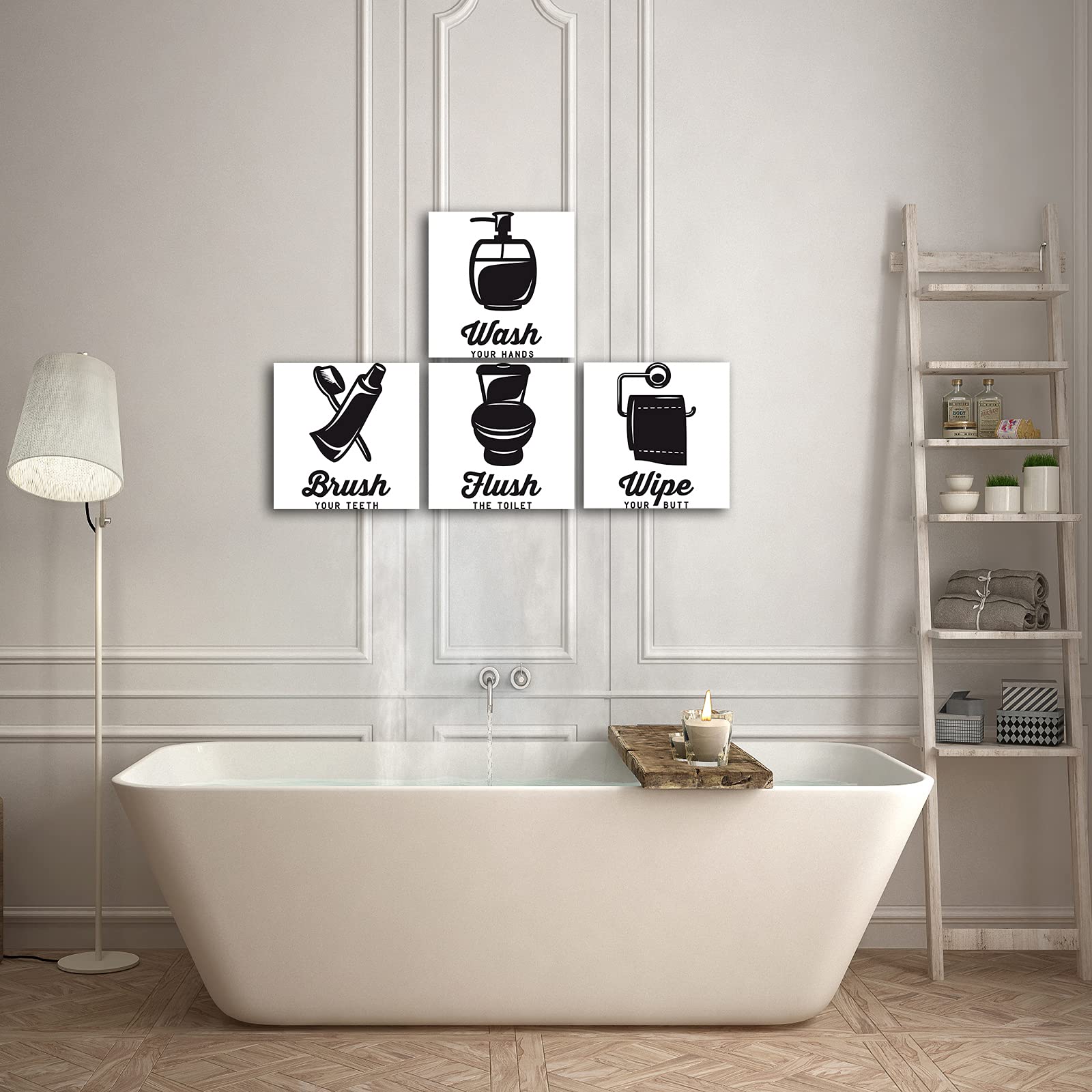 GUTTATY 4-Piece Funny Bathroom Wall Art Set - 16x16 Inch Framed Canvas Prints with Humorous Quotes, Ready to Hang Home Decor for Bathroom, Restroom & Powder Room - Perfect for Adding Humor to Your Toilet, Spa or Guest Bath Decor