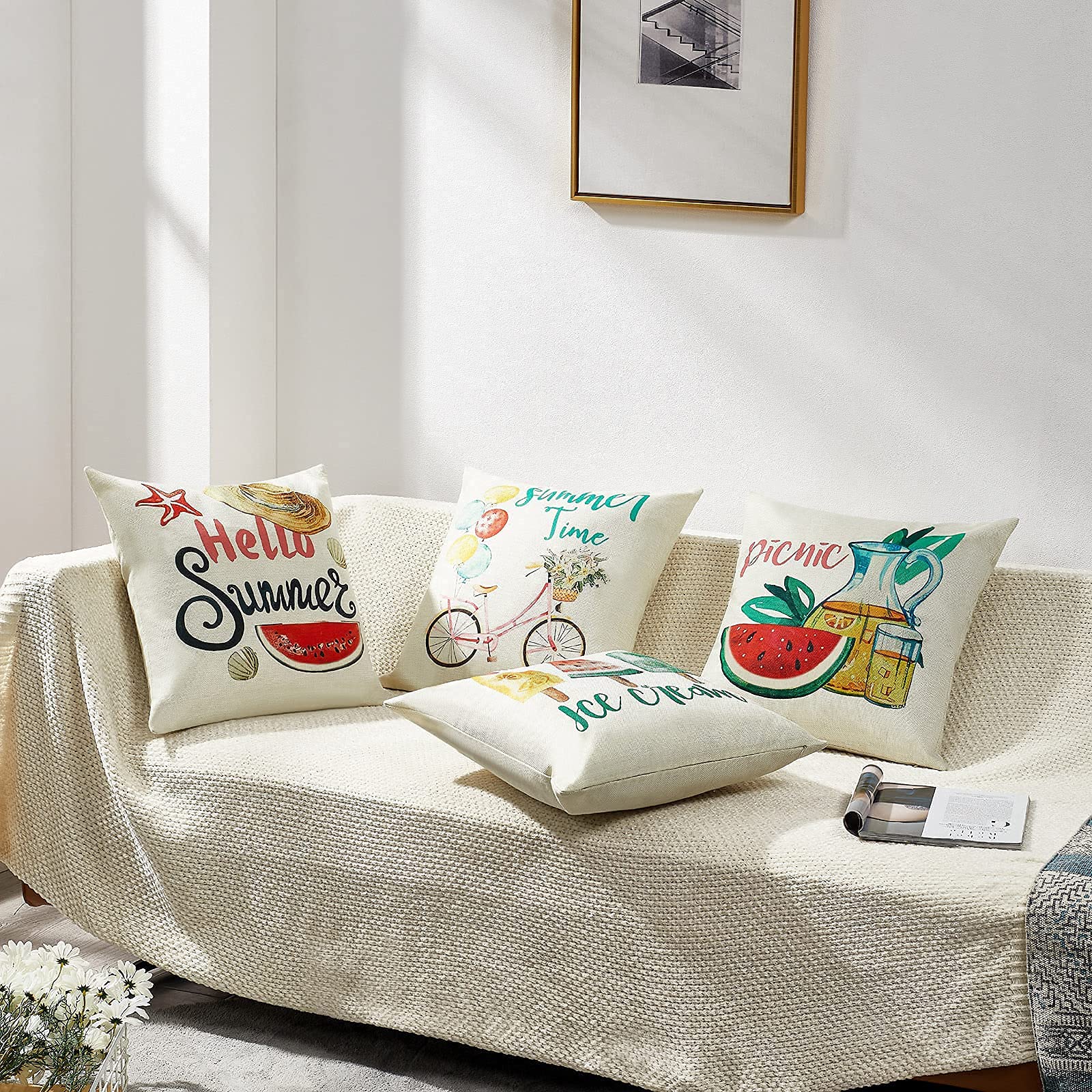 Watermelon Print Summer Pillow Covers 18x18 Inch - Set of 4 Farmhouse Boho Decorative Throw Pillow Cases for Sofa, Couch, Bedroom - Perfect for Living Room Decor, Outdoor Patio & Seasonal Home Styling