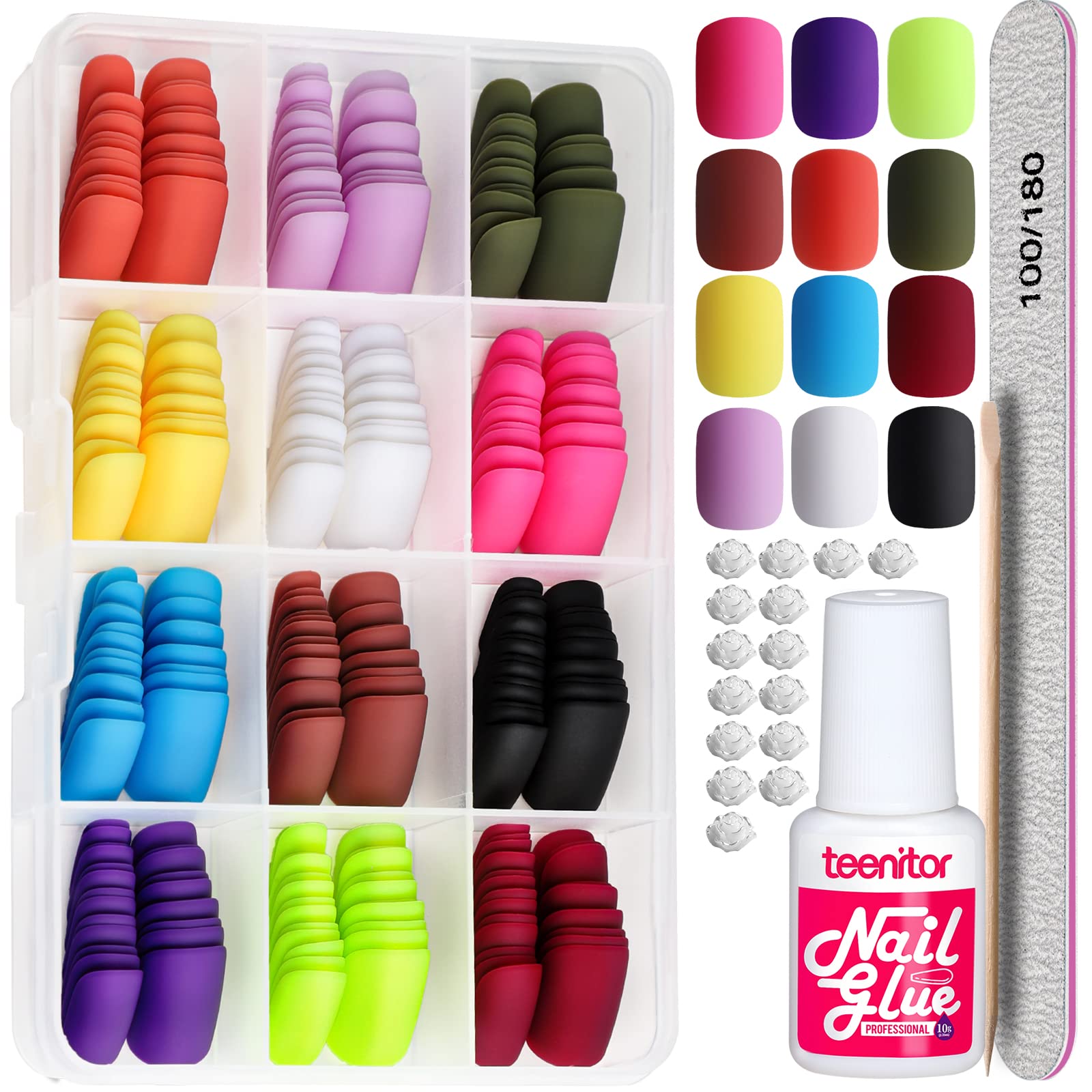 Teenitor Short Square Press On Nails - Matte Fake Nails with Glue Kit (12 Colors) | Easy DIY Artificial Nails for Everyday Wear & Special Occasions