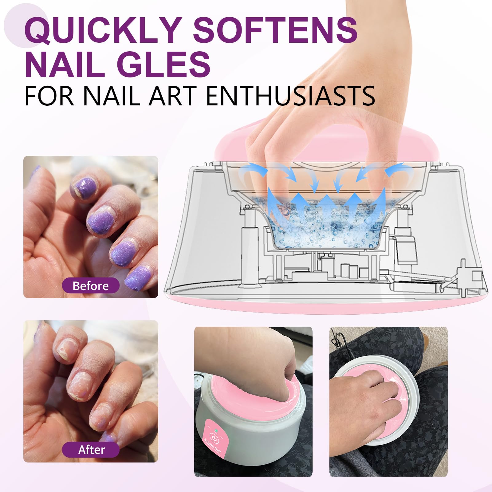 Electric Nail Soak Off Bowl Heated - Professional Manicure Nail Soaking Bowl with Gold Cuticle Pusher for Acrylic & Gel Polish Remover - Perfect for Salon & Home Nail Care (Pink)