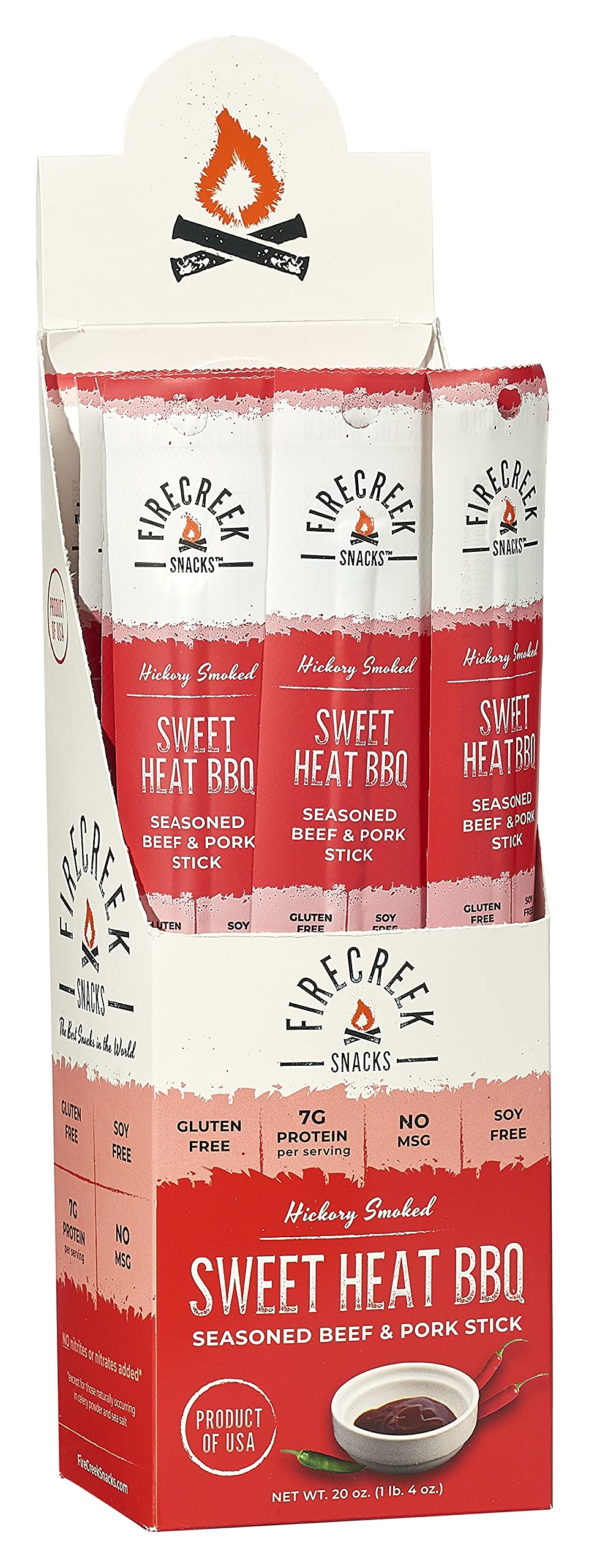 FireCreek Snacks Sweet Heat BBQ Beef Jerky Sticks - Low Carb Keto Protein Snack (1oz, 20 Count) - Gluten Free, High Protein Meat Sticks for Hiking, Camping & Road Trips