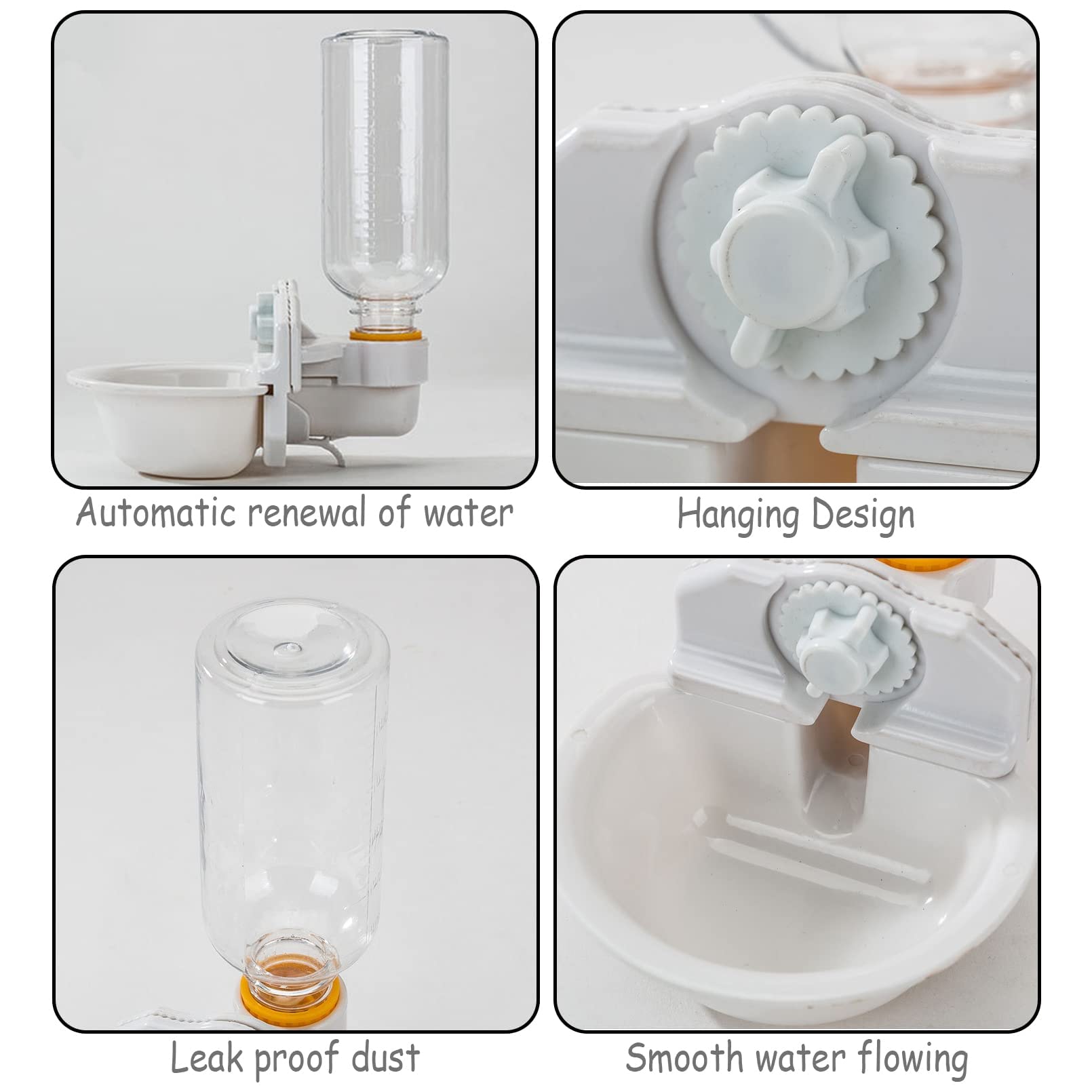 Kathson Automatic Rabbit Feeder & Water Dispenser - Hanging Plastic & Stainless Steel Pet Cage Bottle with Removable Bowl, Bolt Holder Set (White) - Perfect for Rabbit Cages, Hutches & Small Animal Coops