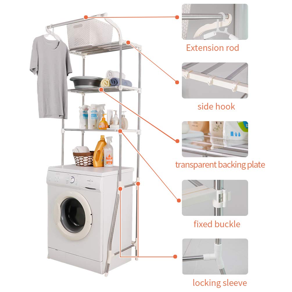 Adjustable 3-Tier Laundry Shelf for Over Washer & Dryer - Space Saving Bathroom Storage Rack with Clothes Hanger, Ivory - Perfect for Small Spaces, Apartment Organization & Above Toilet Storage