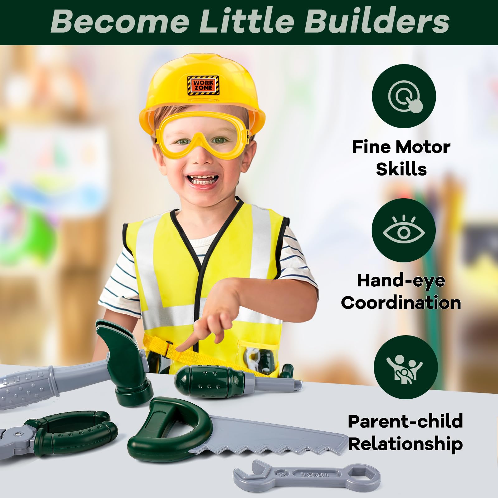 Kids Construction Worker Costume Set - Toddler Tool Kit with Adjustable Belt, Vest & Hat for Boys & Girls Ages 3-6 | Pretend Play Toys for Role-Playing & Early Learning
