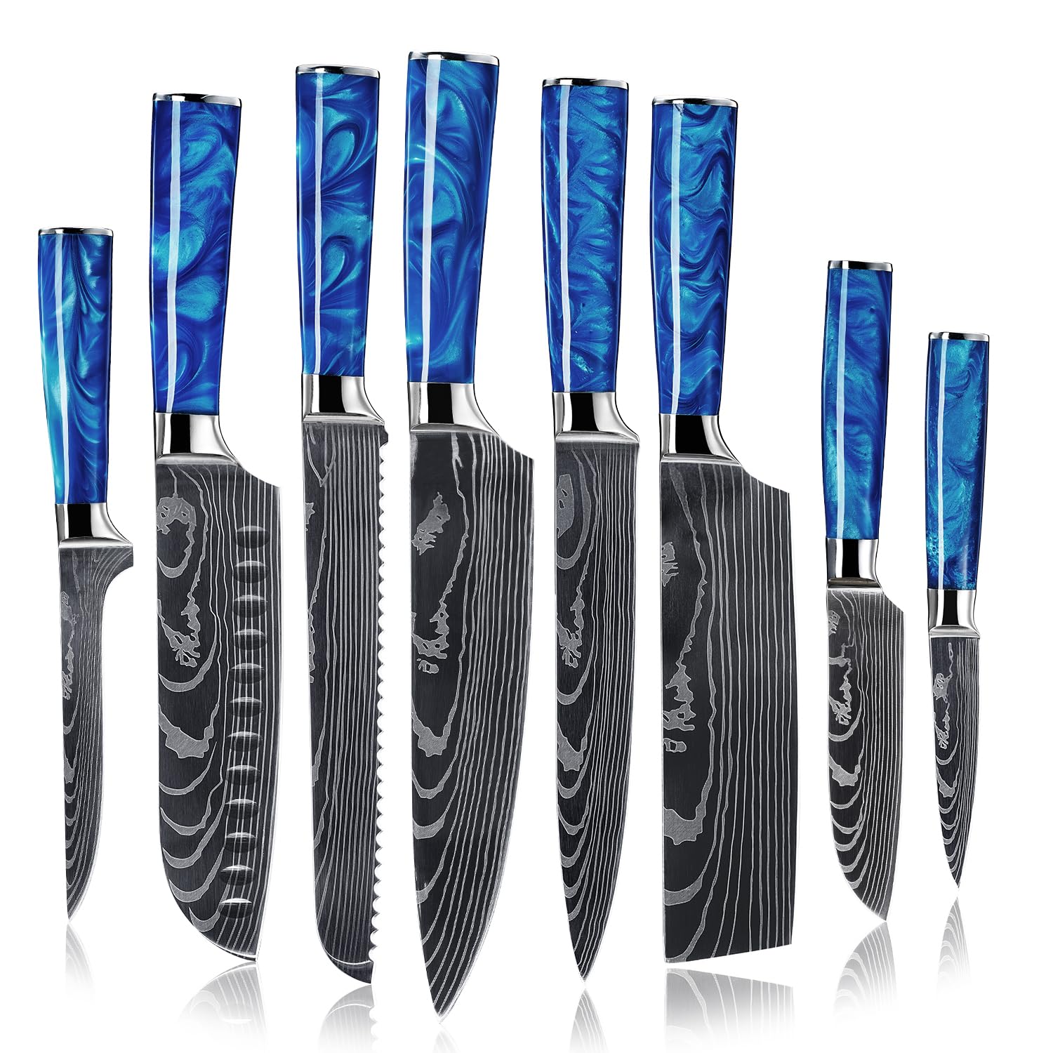 Premium 8-Piece Japanese Knife Set with Blue Resin Handle & Laser Damascus Blades - Chef Knife, Santoku, Bread & Paring Knives for Professional Cooking & Home Kitchen Use