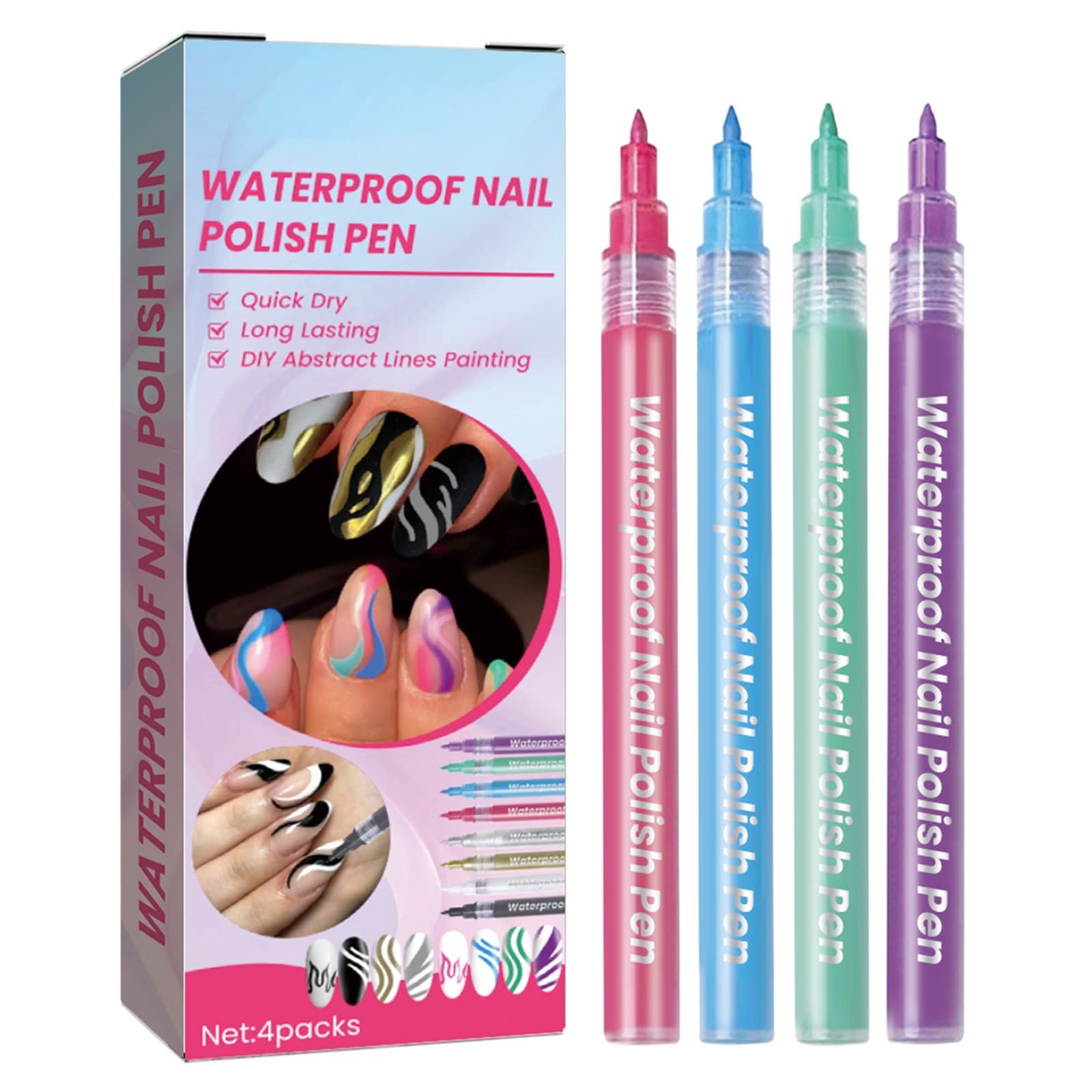 4ml 3D Nail Art Gel Pen Set - 4 Pack Nail Dotting Tools with Fine Liners & Dot Brushes for DIY Nail Design, Manicure Decoration - Perfect for Salon, Home Use & Nail Art Beginners (Size A)