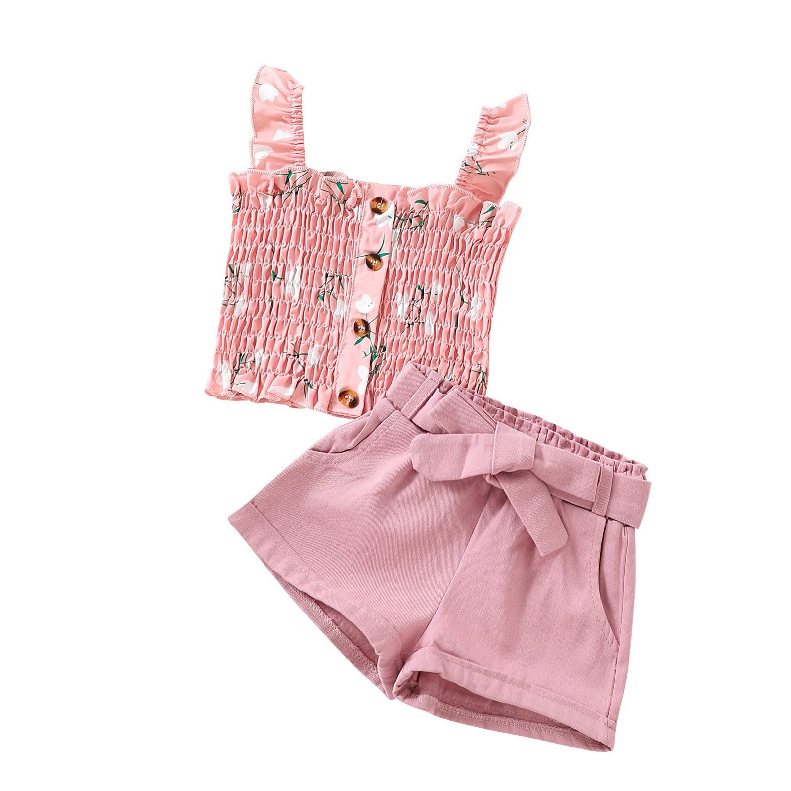 Baby Girls Summer Outfit Set - Toddler Floral Sleeveless Ruffle T-Shirt & Bow Shorts | Cute Playtime & Beachwear for Little Girls