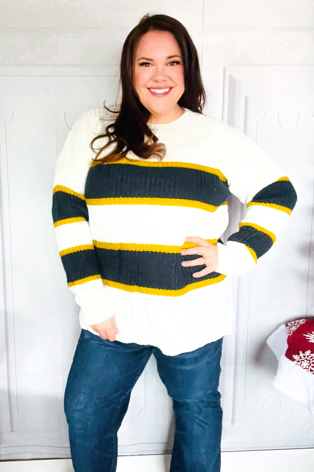 PLUS Casual Chic Yellow & Ivory Stripe Oversized Knit Sweater for Women | Cozy Winter Pullover | Perfect for Office, Date Night & Weekend Outfits