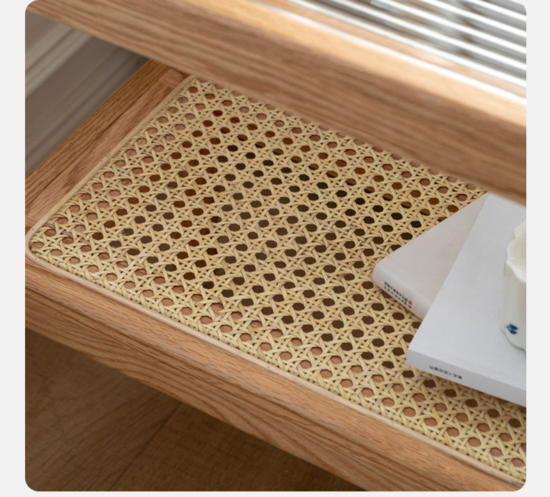 Solid Oak Wood Japanese Style Glass Rattan Rocking Side Table - Portable End Table for Living Room, Bedroom, or Outdoor Patio Decor