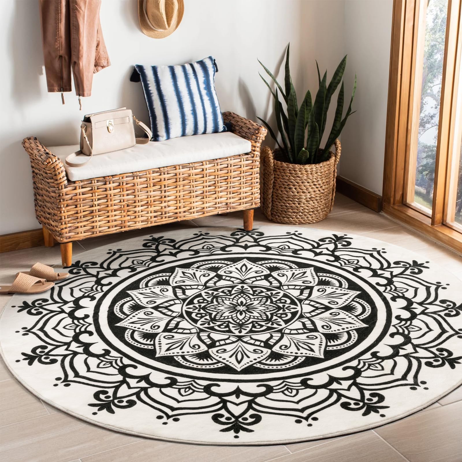 Boho Mandala Print 5' Round Area Rug - Non Slip Machine Washable Soft Floor Mat for Living Room, Bedroom, Nursery & Entryway - Ivory & Black Circle Rug for Home Decor, Yoga Space & Meditation Room