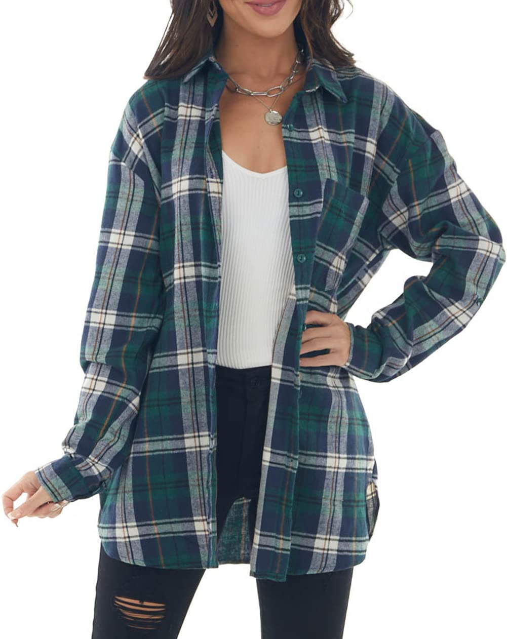NUOREEL Women's Plaid Flannel Shirt - Button Down Long Sleeve Boyfriend Shirt for Casual Wear, Fall Outfits & Layering | Soft & Comfortable Loose Fit Top for Everyday Style