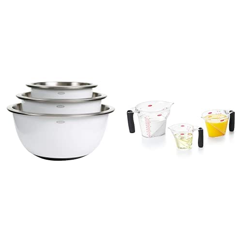 OXO Good Grips 3-Piece Stainless Steel Mixing Bowl Set with Non-Slip Base & OXO 3-Piece Angled Measuring Cups - Perfect for Baking, Cooking & Meal Prep - White & Black Kitchen Essentials