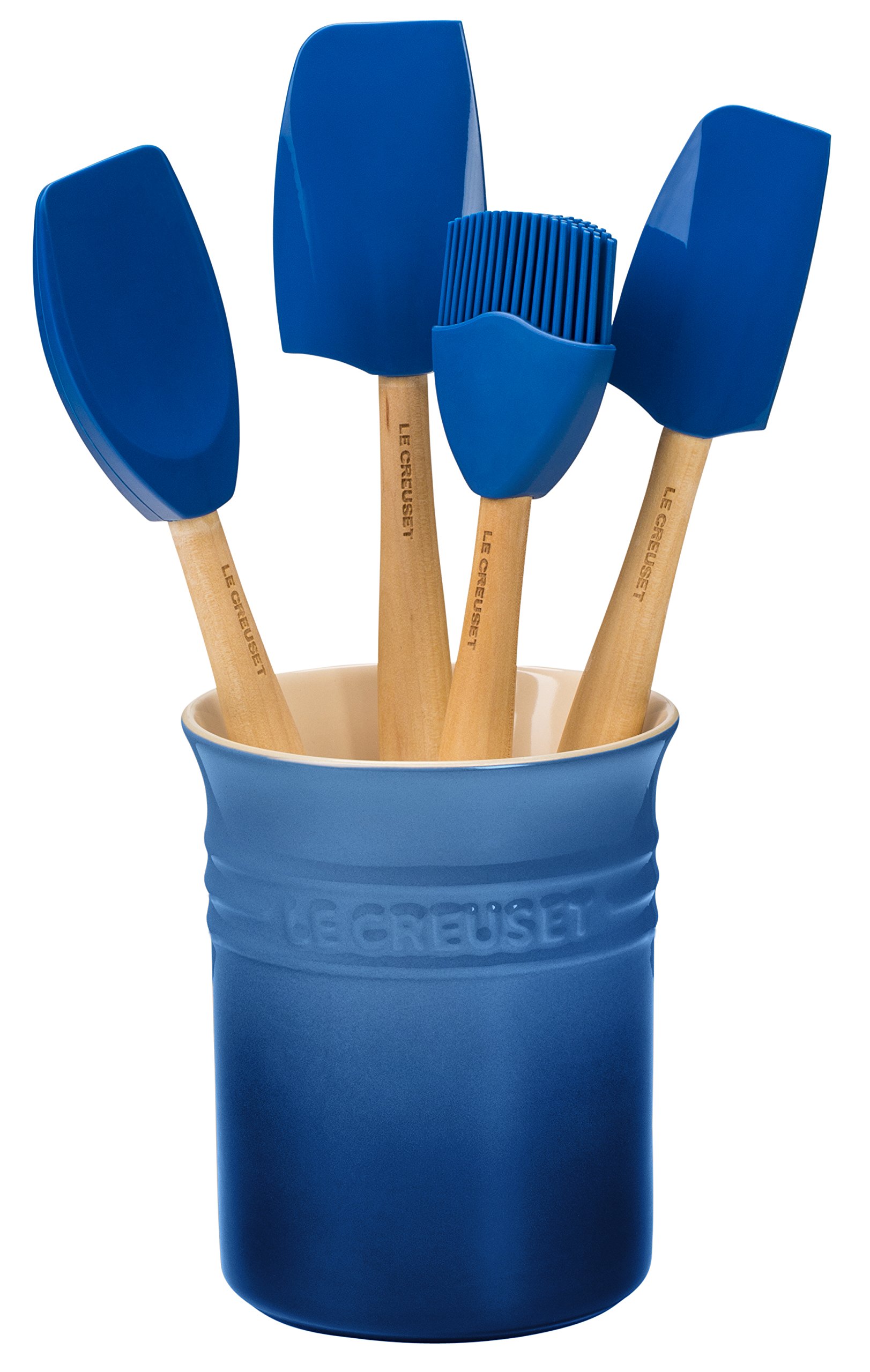 Le Creuset Silicone Craft Series Utensil Set with Stoneware Crock - 5-Piece Kitchen Tools in Marseille Blue - Perfect for Cooking, Baking & Serving