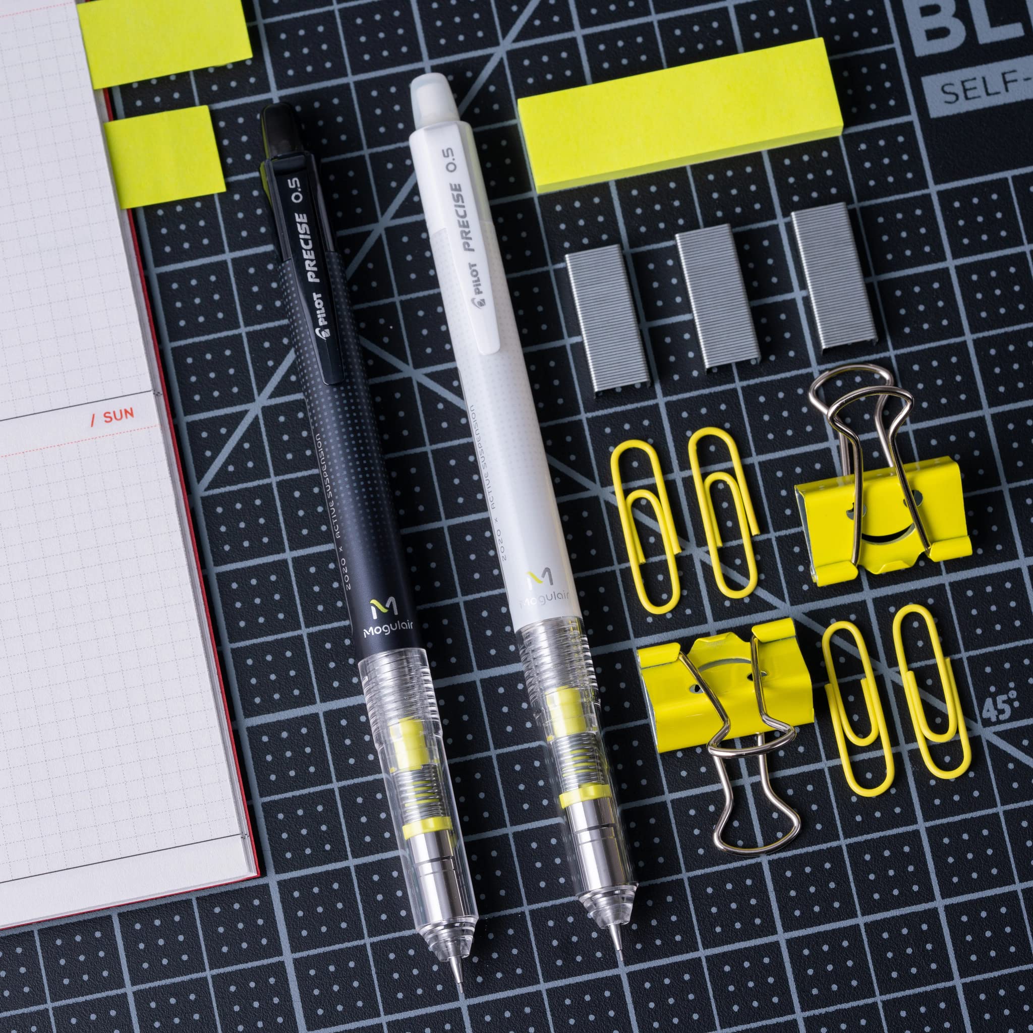Premium Pilot Precise Mogulair Mechanical Pencils 0.5mm HB - 2 Pack with 12 Leads & 3 Erasers - Black & White Barrel for School, Office & Sketching - Smooth Writing Drafting Pencils for Students & Professionals
