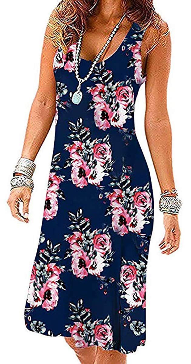 Women's Floral Empire Waist Sundress - Pleated Summer Beach Dress, Sleeveless Casual Swing Tank Dress for Women (Navy Blue, XX-Large) | Perfect for Beach Vacations, Pool Parties & Summer Outings