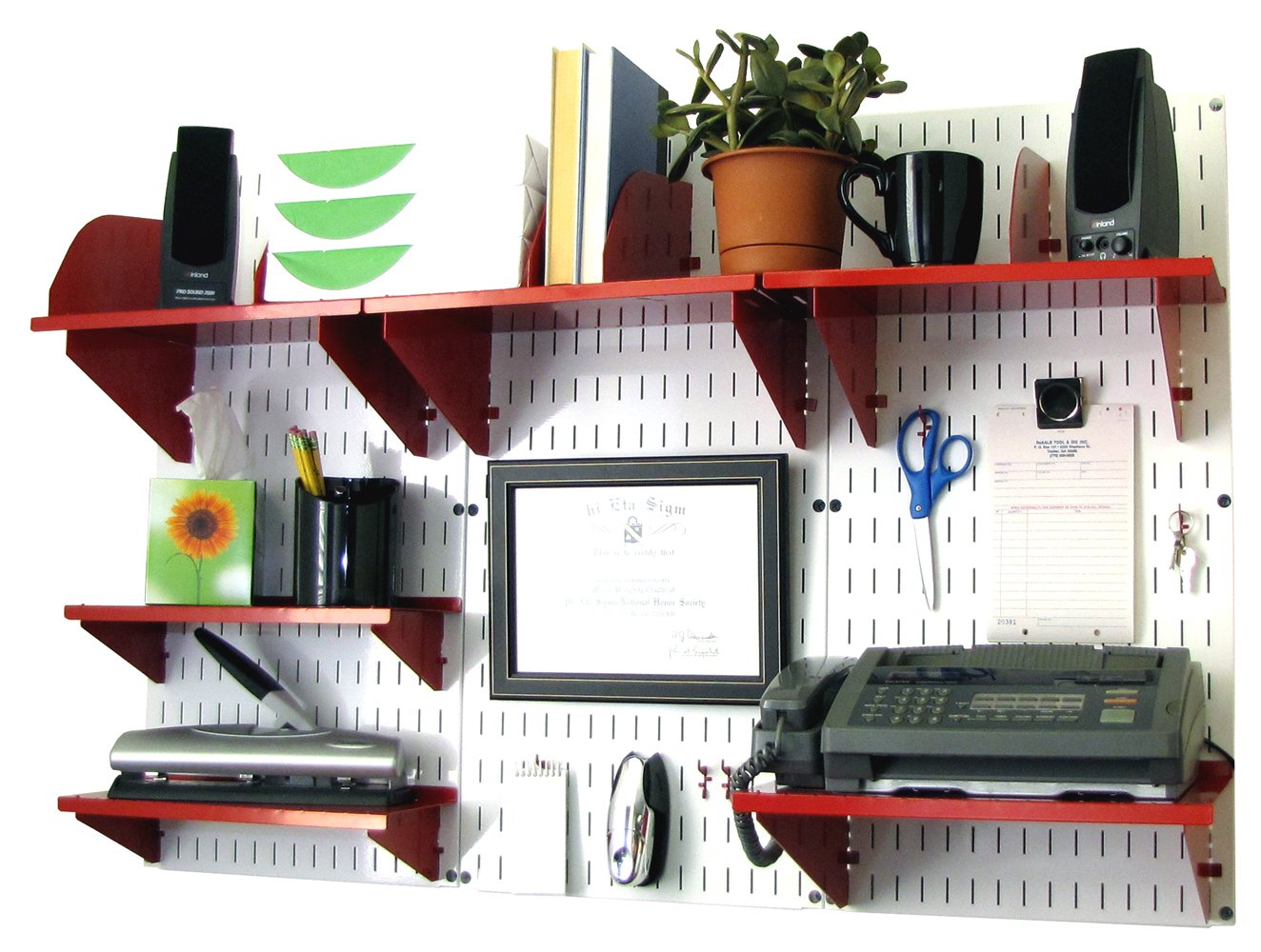 Wall Control Office Organizer Unit - White Slotted Wallboard with Red Accessories | Wall Mounted Desk Storage & Organization Kit for Home Office, Garage, Workshop & Classroom