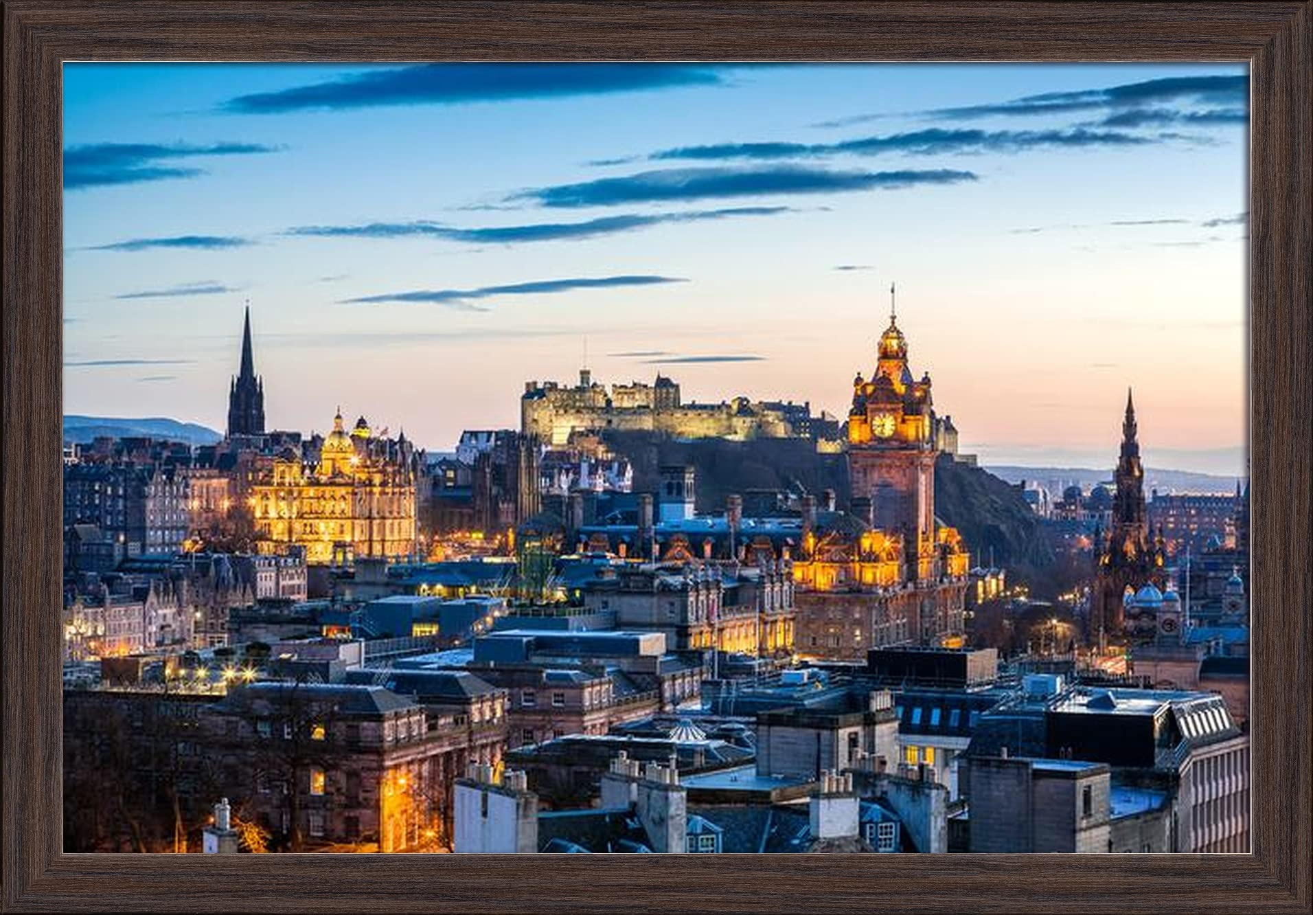 Edinburgh Scotland Skyline Sunset Art Print - 24x16 Giclee Gallery Framed in Espresso Wood - Perfect for Living Room, Office & Home Decor