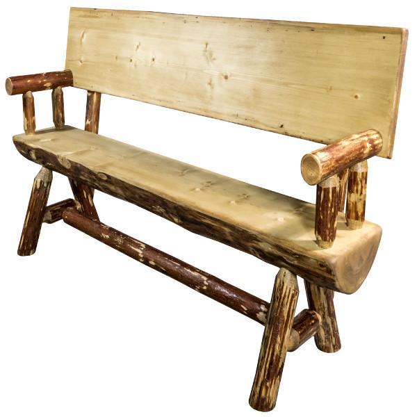 Glacier Country Half Log Bench with Back & Arms - Rustic Outdoor Wooden Seating for Garden, Patio & Backyard Relaxation