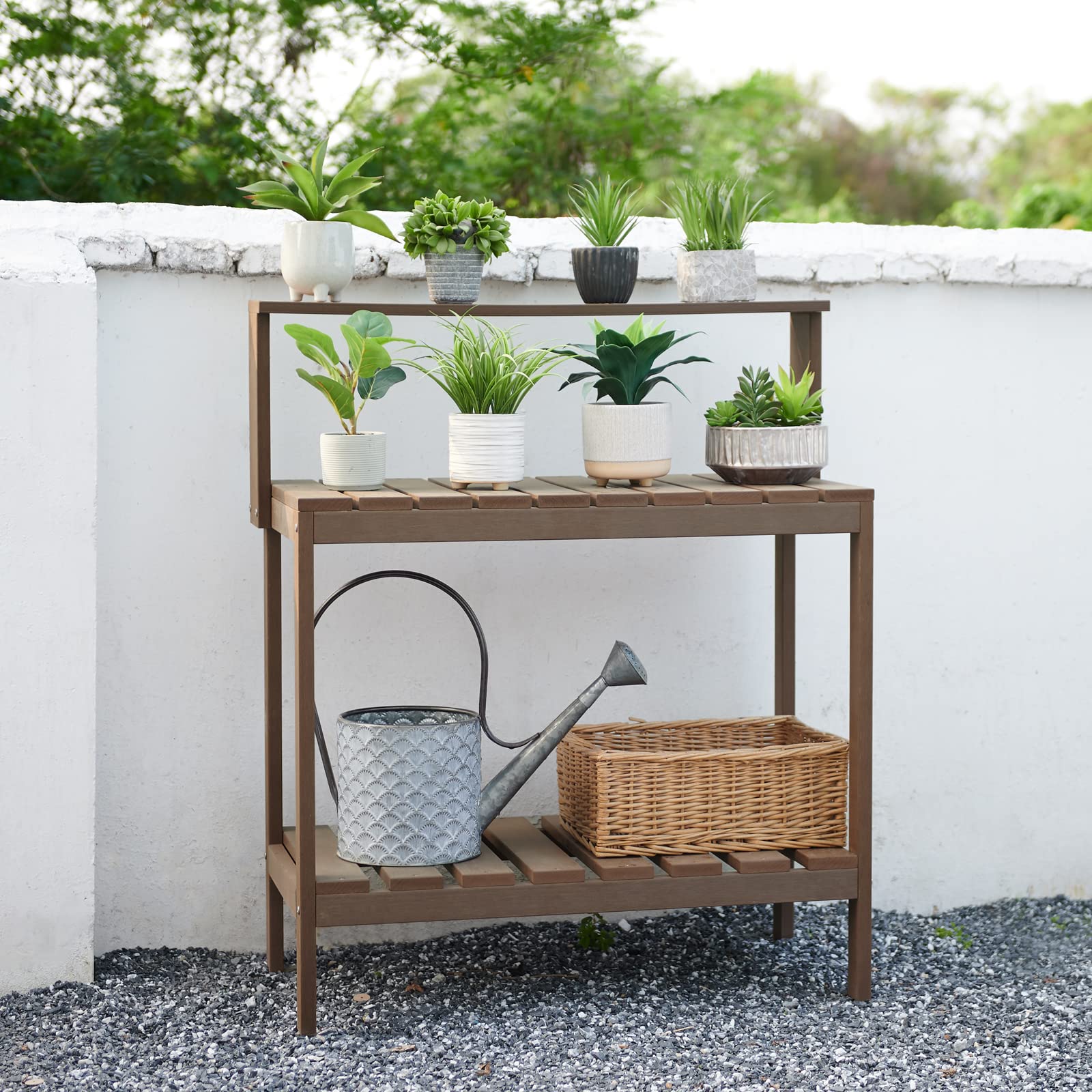 Efurden Outdoor Potting Bench Table - Durable Poly Lumber Gardening Workstation with Wood-Like Finish in Brown | Perfect for Planting, Transplanting & Organizing Garden Tools