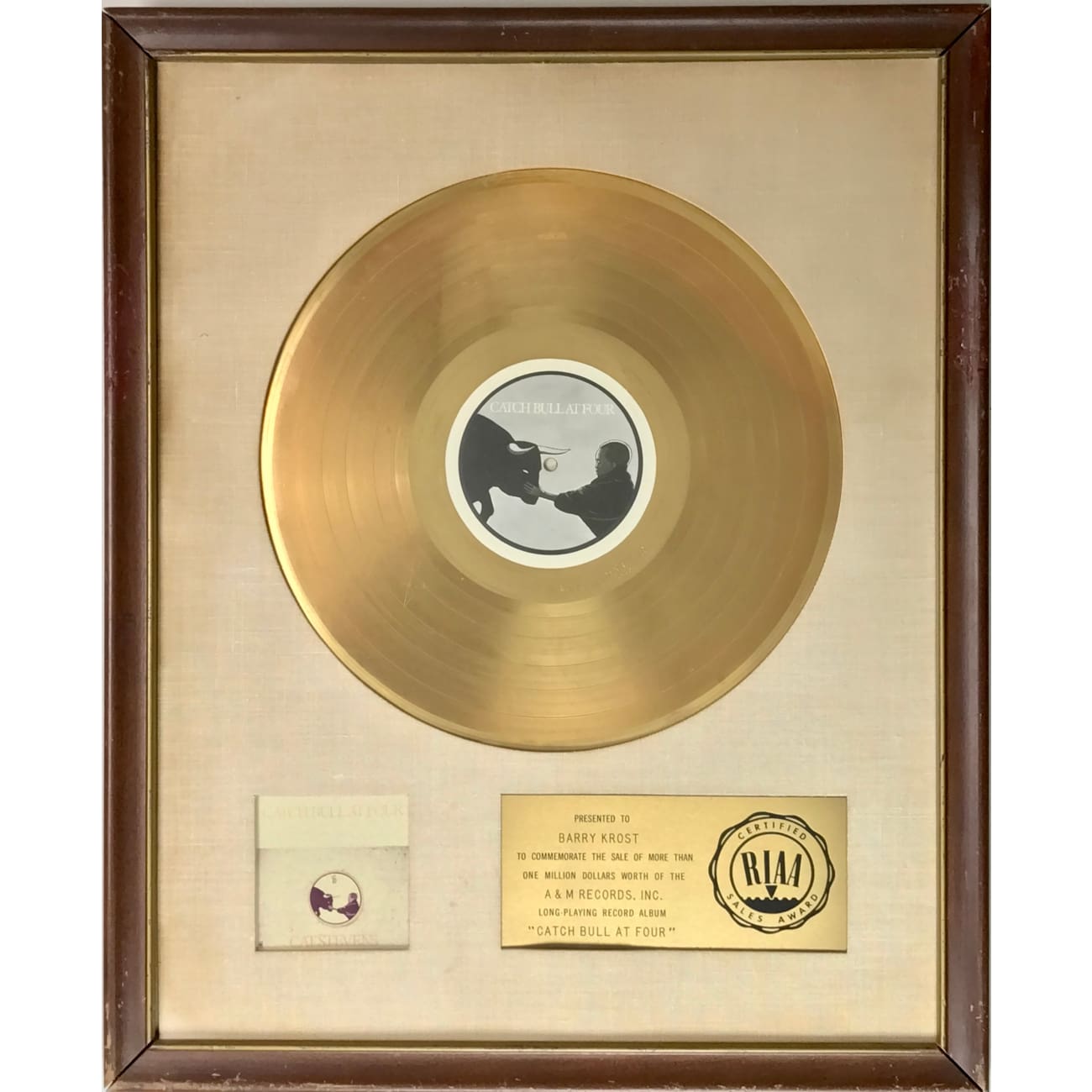 Cat Stevens Catch Bull At Four RIAA Gold LP Award - Rare Vintage Vinyl Record for Collectors & Music Enthusiasts | Perfect for Home Decor, Gift Giving & Vinyl Collections