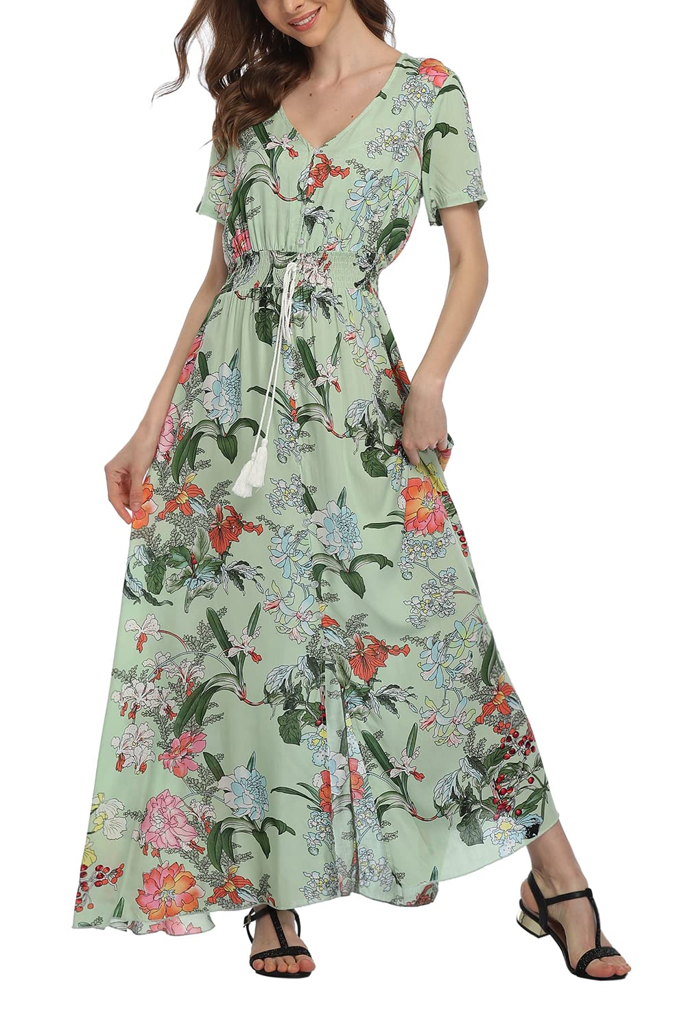 Boho Floral Maxi Dress for Women - Summer Button Up Beach Dress with Side Slit & Flowy Design | Perfect for Beach Vacations, Pool Parties & Summer Festivals