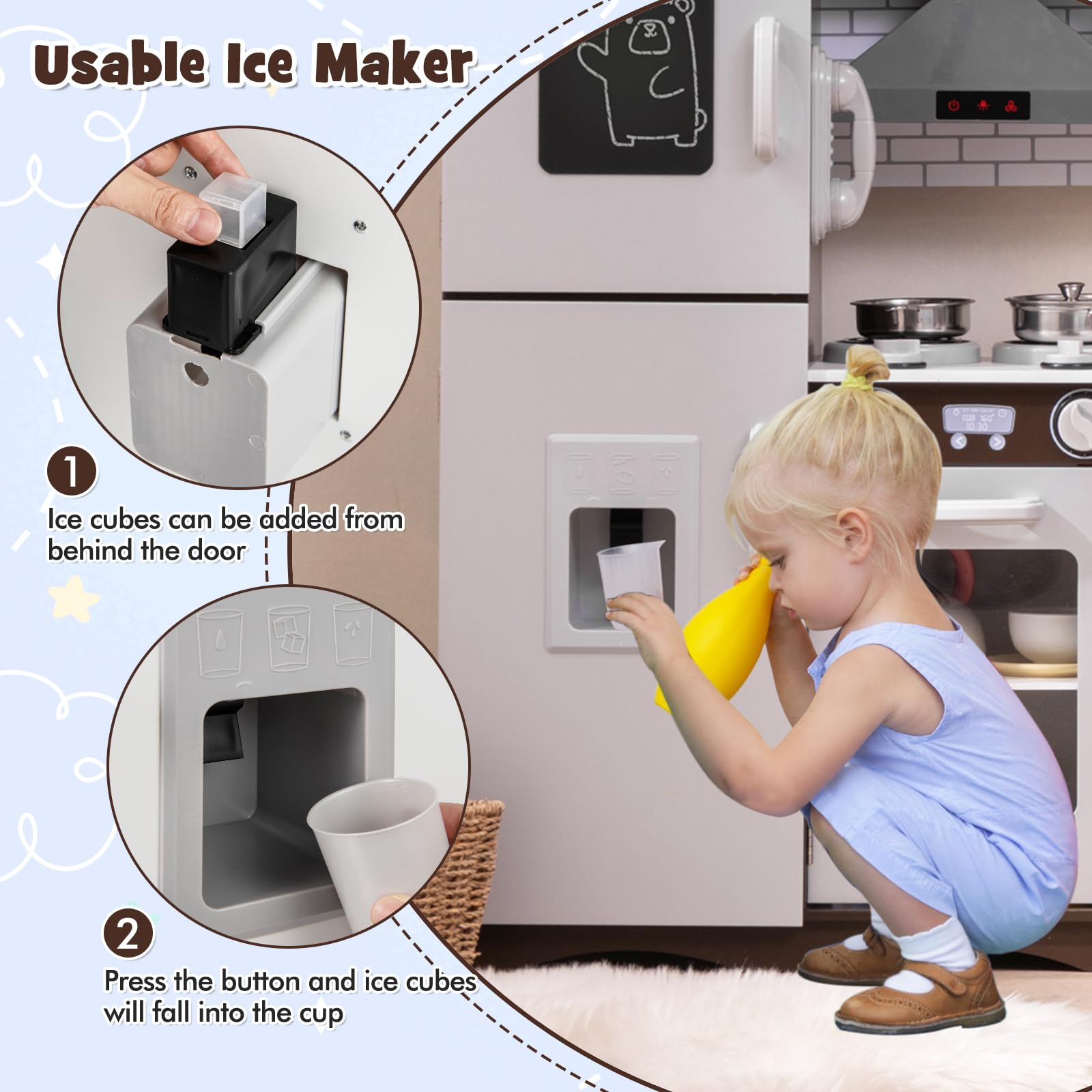 Costzon 2-Piece Wooden Play Kitchen Set with Washing Machine, Range Hood & Ice Maker - Interactive Kids Pretend Kitchen Toy with Sounds, Lights, Blackboard & Telephone - Ideal Gift for Toddlers Ages 3+ (Brown) - Perfect for Imaginative Play, Role-Playing & Early Learning at Home or Preschool