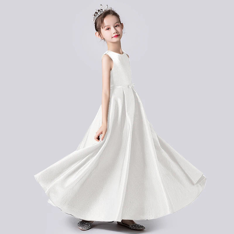 White Satin First Communion Dress for Girls - Elegant Formal Pageant Party Gown - Perfect for Church Ceremonies, Baptisms & Special Occasions
