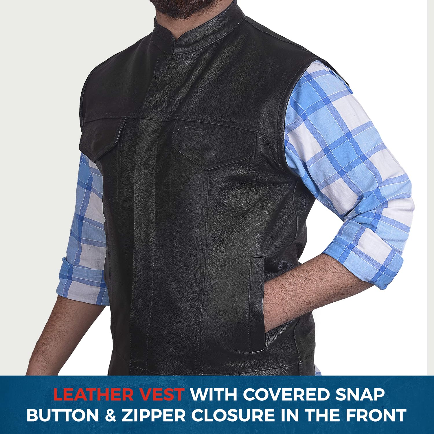 DEFY Challenge Your Fear Men's SOA Motorcycle Genuine Cowhide Leather Club Style Vest with Concealed Gun Pockets - Small | Biker Jacket for Harley Riders, Motorcycle Gangs & Outdoor Adventures