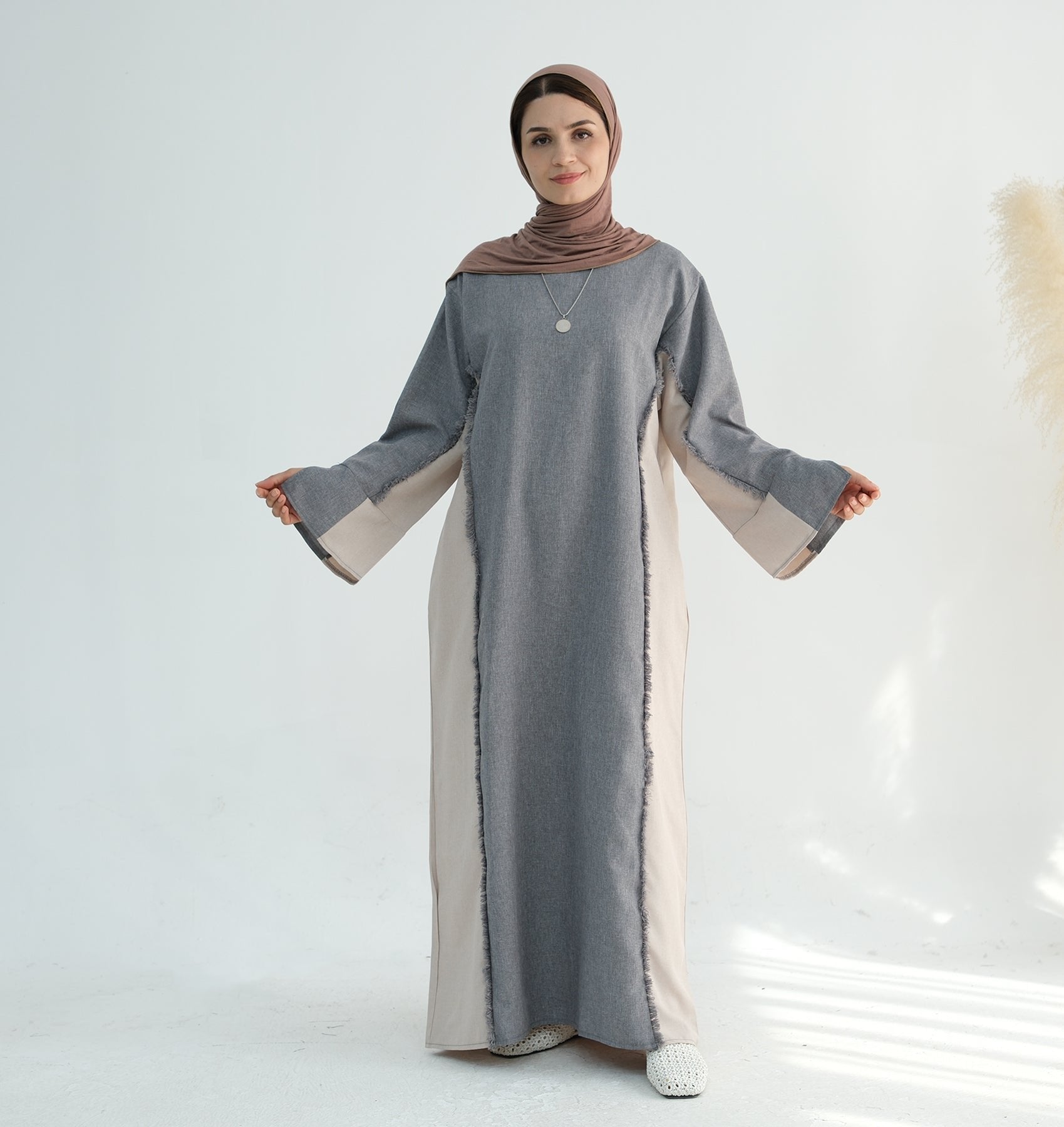 Blair Fringe Abaya Dress - Elegant Gray Islamic Modest Dress for Women | Perfect for Prayer, Eid, and Special Occasions