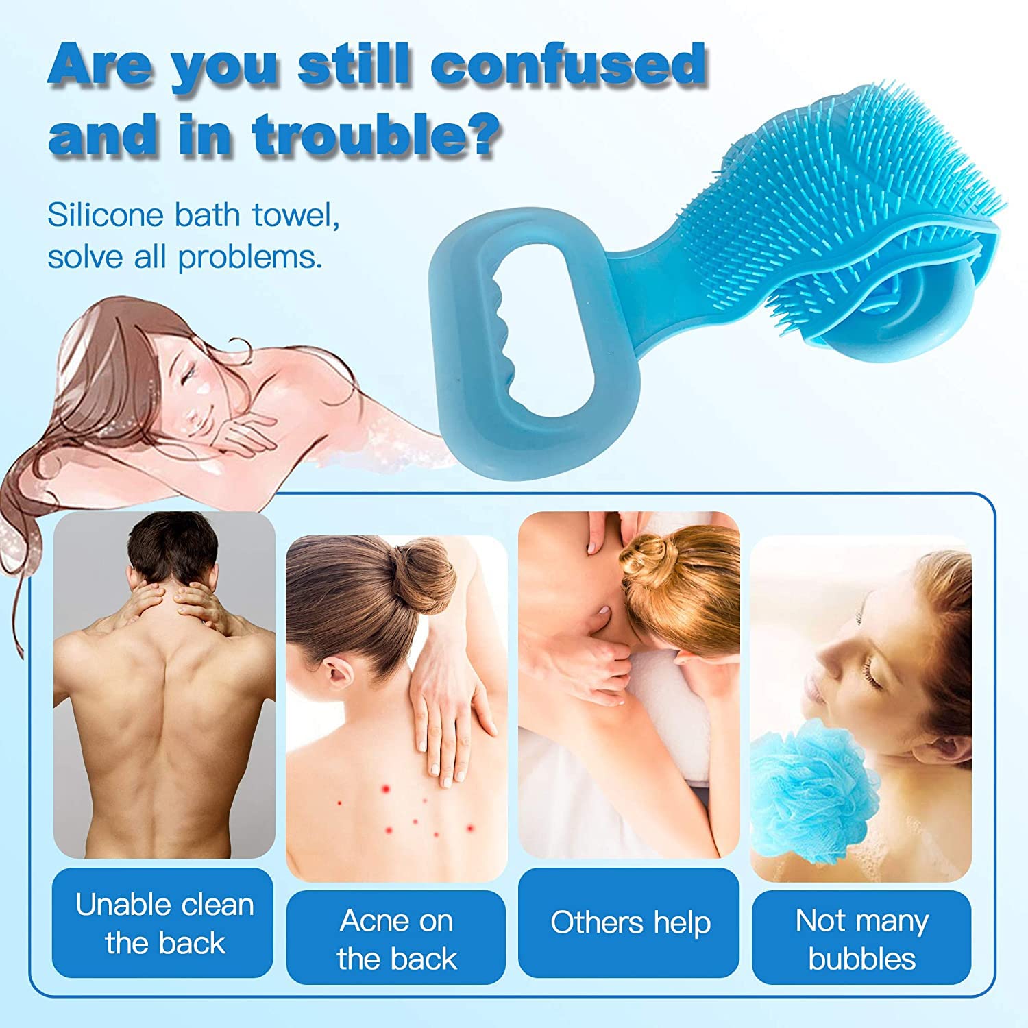 Aabhir TRADERS Silicone Bath Back Scrubber Belt with Handle - Exfoliating Shower Brush for Women & Men - Double Sided Skin Cleansing Scrubber (Purple) - Perfect for Deep Cleaning & Spa Experience at Home