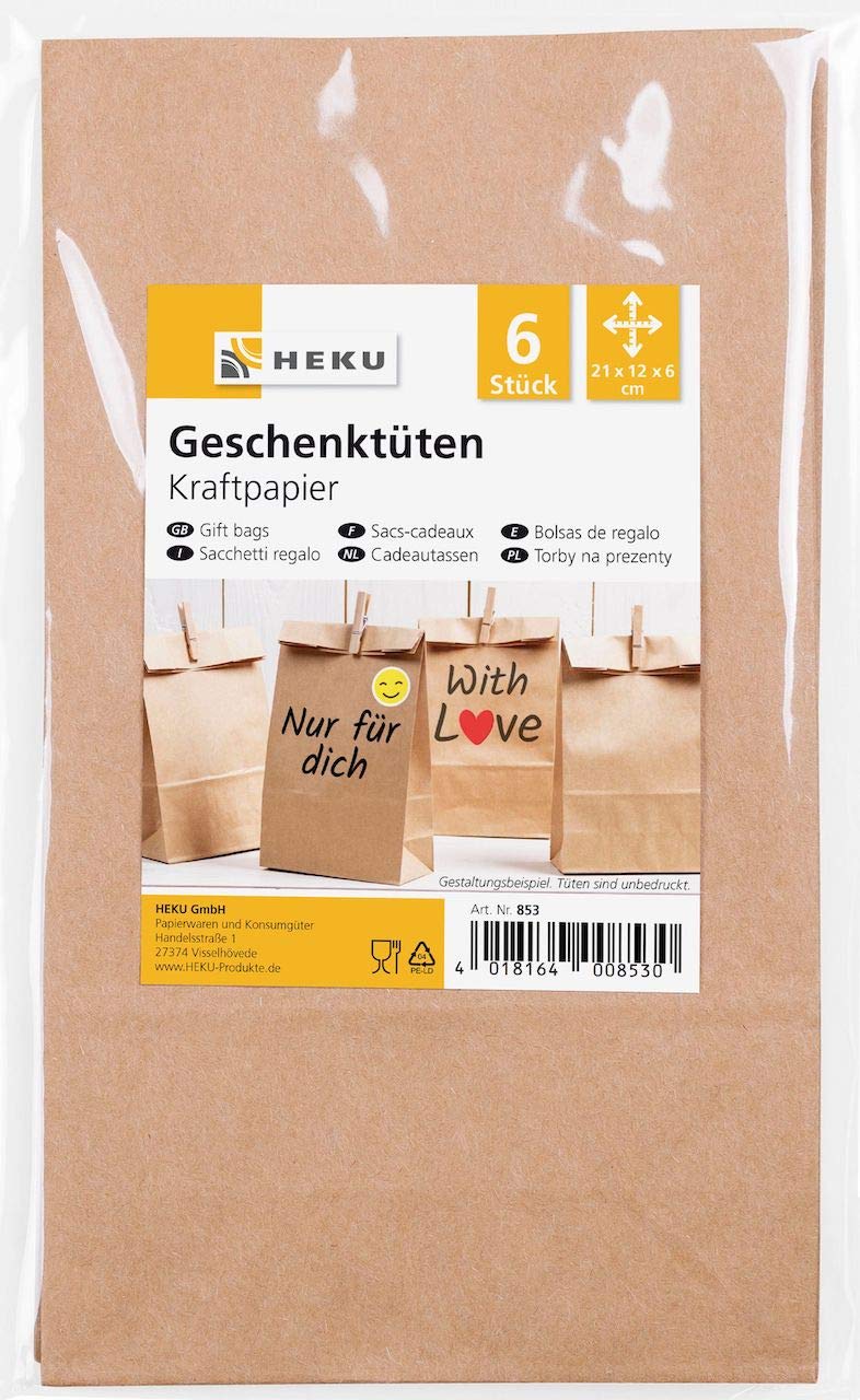 Premium Heku 853 Kraft Paper Gift Bags - 21 x 12 x 6 cm (8.3