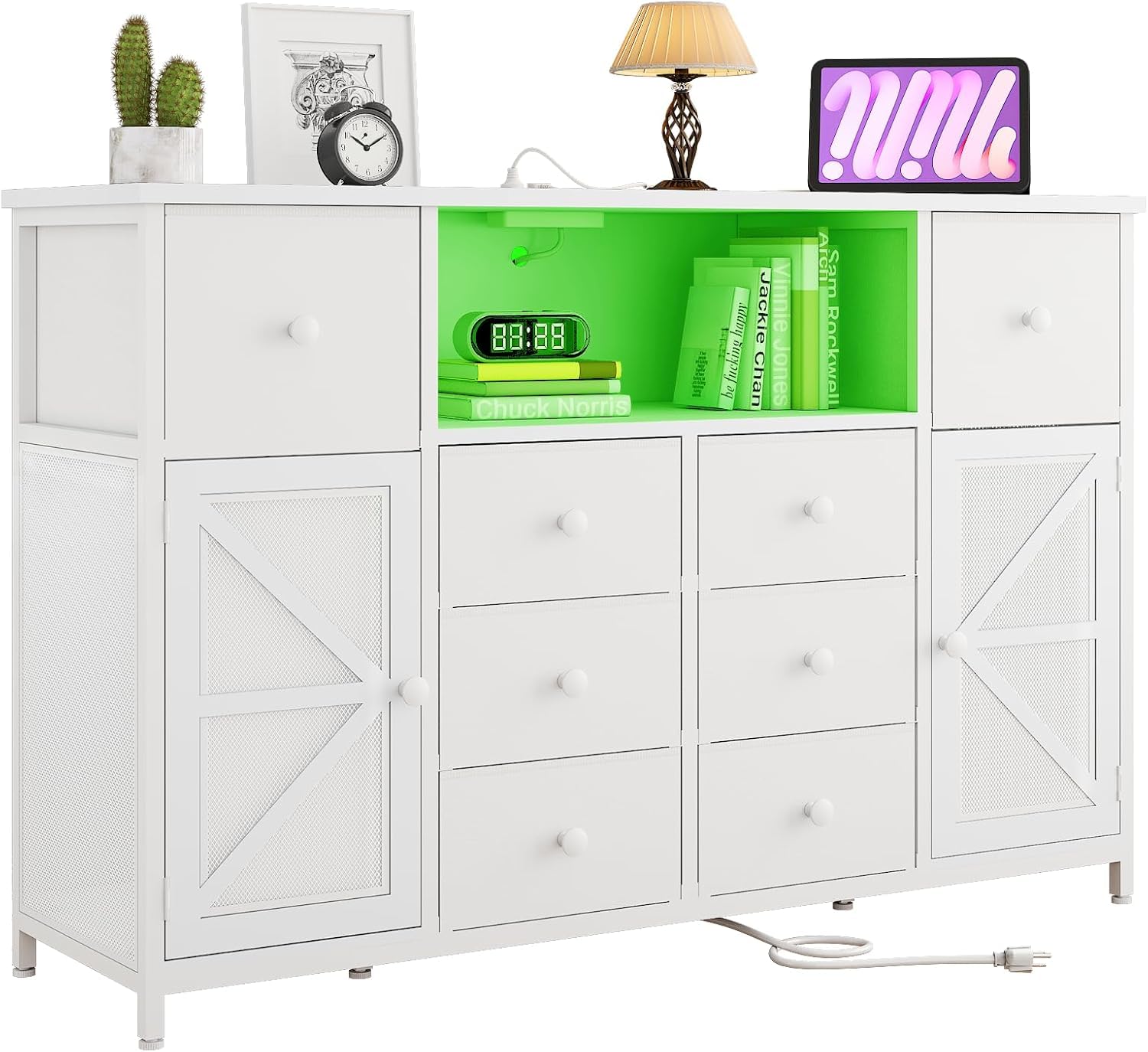 White Dresser with Charging Station & LED Lights - 8 Fabric Drawers & 2 Doors Bedroom Chest - Modern Storage Dresser for Bedroom, Living Room, Nursery - Perfect as TV Stand, Closet Organizer & Nightstand Alternative