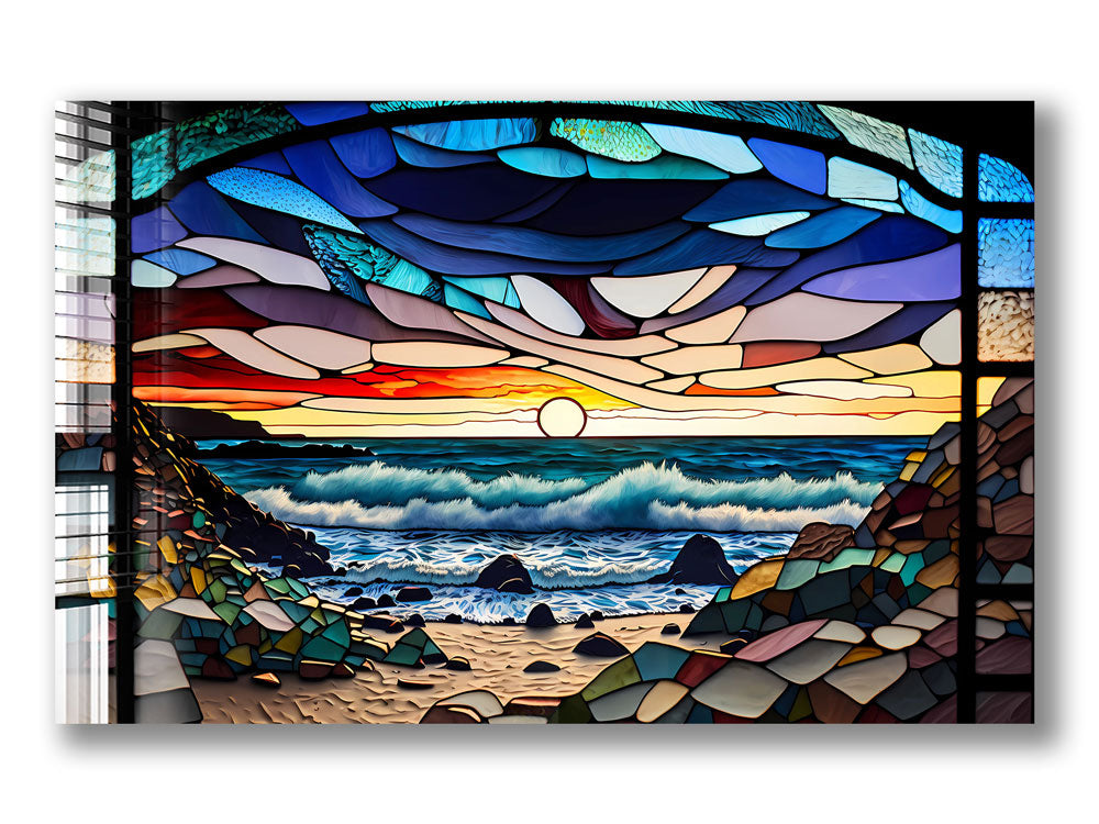 Abstract Coast Stained Glass Effect Wall Art - Handmade Modern Home Decor for Living Room, Bedroom & Office - Perfect for Bohemian, Coastal & Contemporary Interior Design Styles