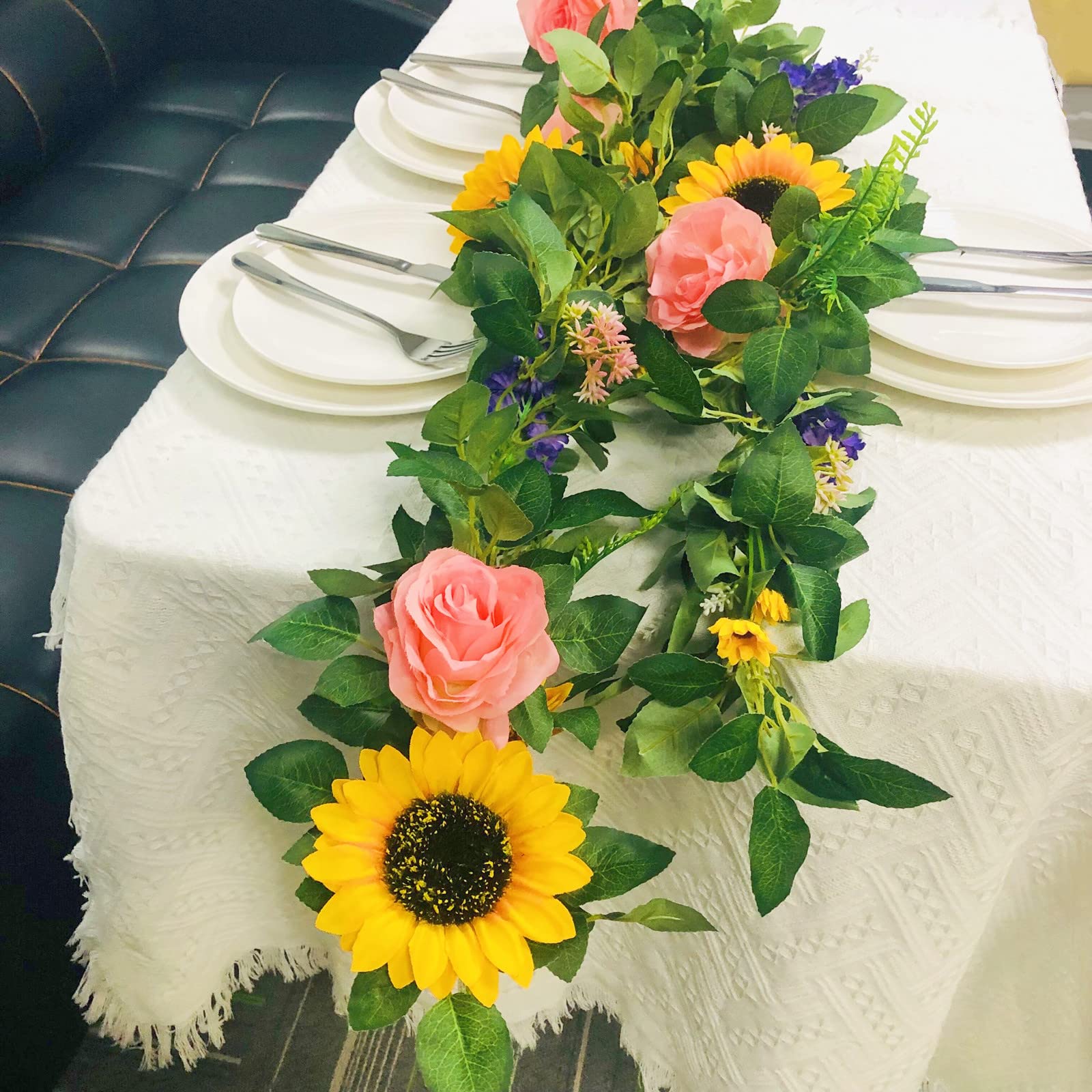 Artificial Silk Sunflower Garland with Eucalyptus Vine & Rose Flowers Wreath - 1.9m Green Leaves Wedding Party Table Decor for Home, Garden, and Event Centerpieces